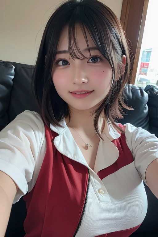 (8k, RAW Photos,highest quality, High resolution:1.1), (Ultra-realistic:1.4),(Realistic, Realistic:1.3),The Beauty of Japan、pajamas、((Upper Body:1.3))A high-resolution, photo-realistic image of a Japanese woman with short hair, wearing a slightly revealing outfit. She has large breasts and blushing cheeks. She is holding a smartphone in her right hand, looking at it with a smile, while taking a selfie. Her smartphone and face are slightly apart. She appears to be live streaming from inside her home, lying on the futon