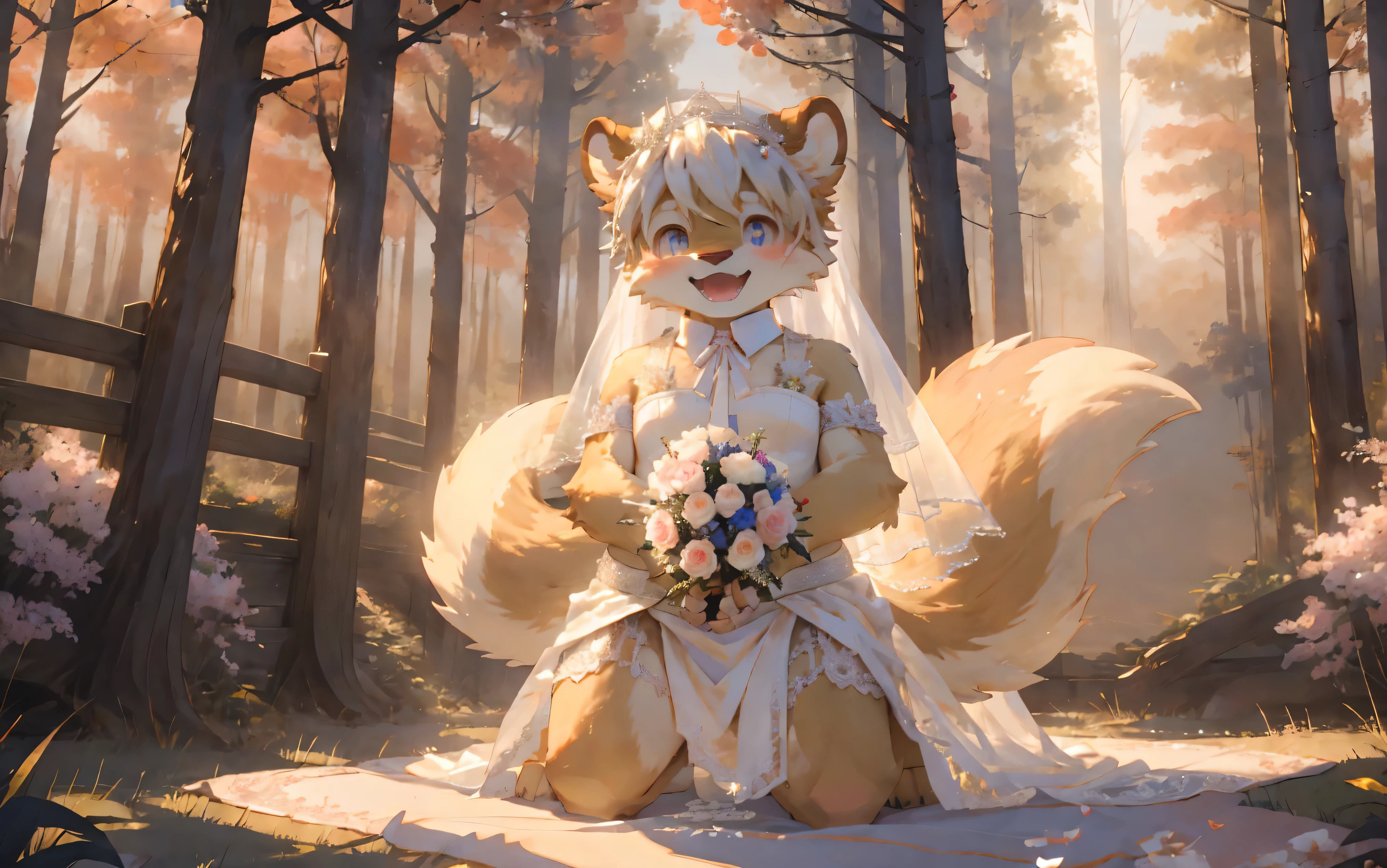 (masterpiece)，(Very detailed)，(best quality)，hairy，Golden fur，There is no pattern，Round ears，white hair，Black pupil，（），（squirrel），((Happy expression))，8k，(high quality)，(Ultra HD)，(Ultra Detailed)，（Young childest background，（Complete Wedding dress），Sparkling eyes，男child，early morning，Fluffy tail，Front view，One person，Eye highlights，Foot focus，Wear a wedding dress，Wedding dress，Kneeling on the ground，blush，（White loincloth），Open your hands，cute，Acting cute，Golden Skin，Perfect sunshine，butt，Hips，