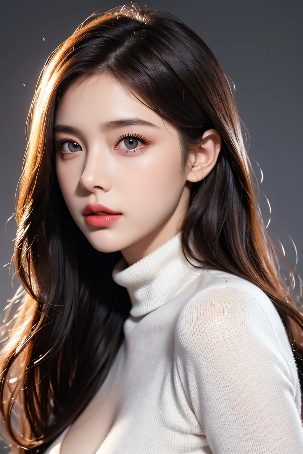 High-quality work,Realistic works,Super premium graphics,8K HD CG works,high quality graphics,High-definition and exquisite CG works,10x pixels,Ultra-fine details:1.1,Advanced technical details:1.1Realistic photo effects,Interior lighting effects:1.5,natural soft light:1.5. Light effect(Virtual light effects:1.8),Ultra-high resolution,shining dress,sliver long hair,silber hair,transparenthair,high detailed hair(Quality hair details:1.1)Clear eyes,Double eyelids look good,Sharp eye makeup, Create exquisite eyelash makeup, tthin eyebrows, Ultra-detailed eyes,a tall nose, lovely red lips, rosey cheeks, With delicate makeup on her face , pretty face, The face shape is perfectly proportioned,(Advanced facial details:1.1)1girl,solo,realistic,looking at viewer,brown hair,turtleneck,simple background,lips,sweater,portrait,closed mouth,turtleneck sweater,coat,white background,,Women's artwork,Dress full body video,Reality,Amazing Cleavage,My eyes are very bright today