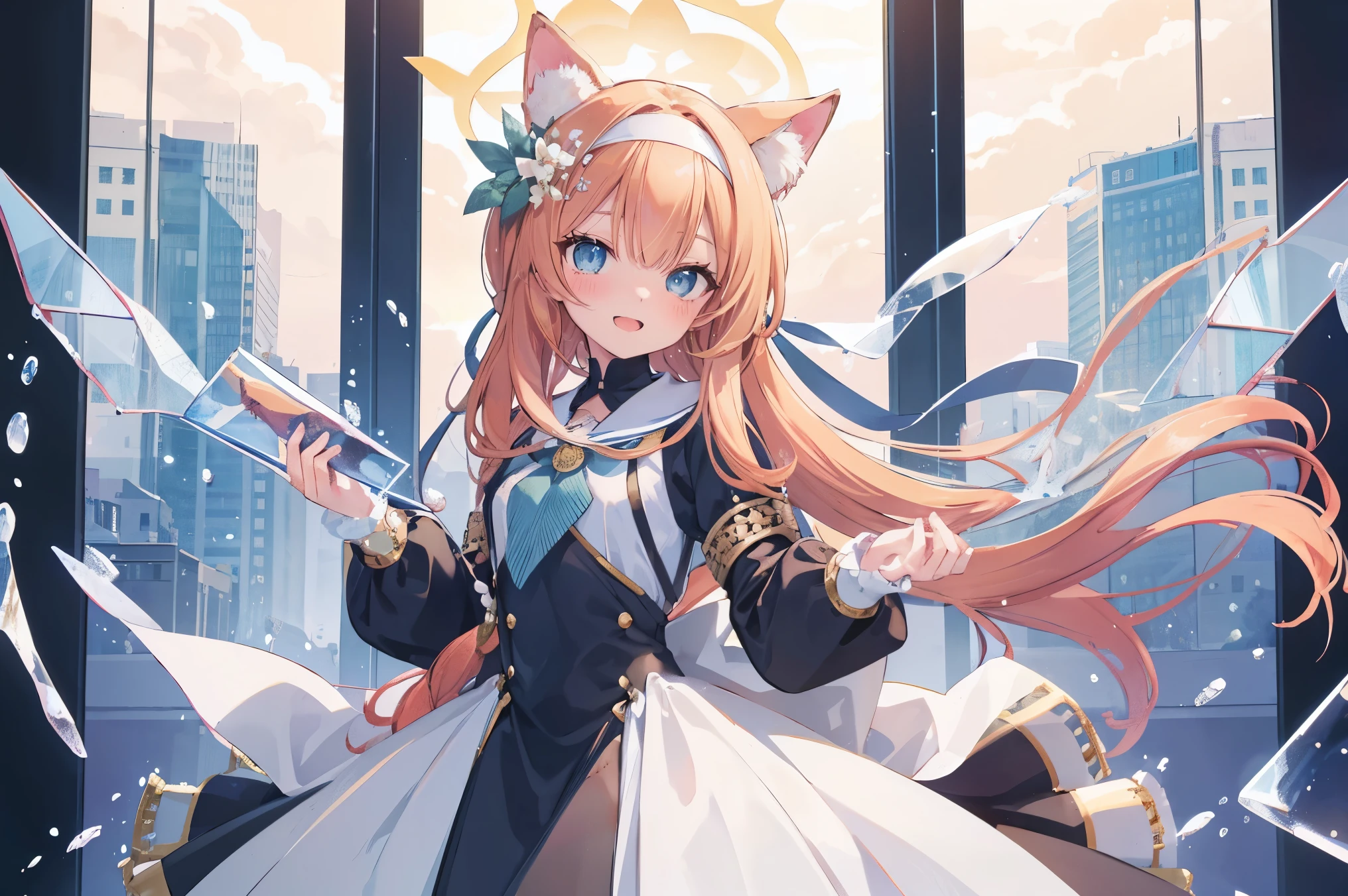 Masterpiece、Highest quality、highest quality、((((Transparency))))、Good looking girl (blush, Perfect Face), independent , Looking into the camera, masterpiece, Anime art style, (Open Mouth Smile)、Shiny hair quality、Small face、Dynamic pose、Super detailed, beautiful, wide eyes、Ultra-detailed, clear and beautiful faces、(cute illustration:1.2), High-resolution, ultra-detailed, best quality, embarrassed、Thighs, Awards, Anatomically correct
