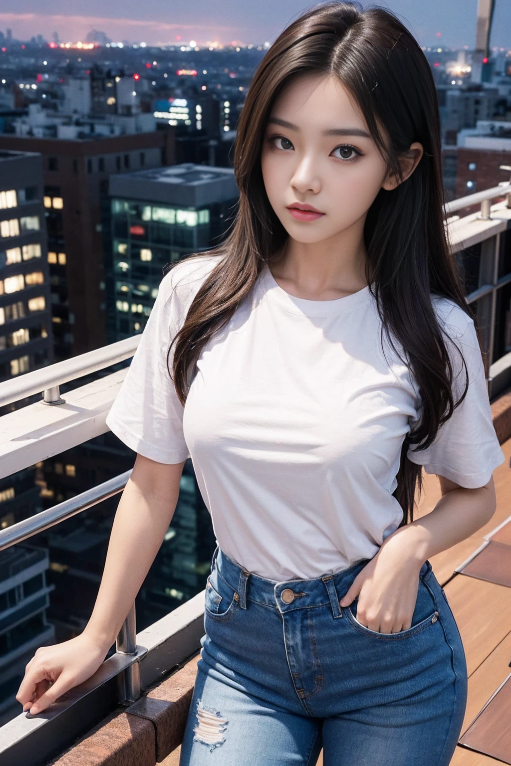 ((midnight, highest quality, 8K, masterpiece :1.3)), whole body, long legs, sharp focus :1.2, beautiful sexy Asian woman with perfect figure :1.4, thin abs :1.1, ((dark brown hair, big breasts :1.2)), (white tight t-shirt, bib jeans, Are standing:1.2), ((night city view, rooftop:1.3)), Highly detailed face and skin texture, fine eyes, double eyelid, wonderful hot babe