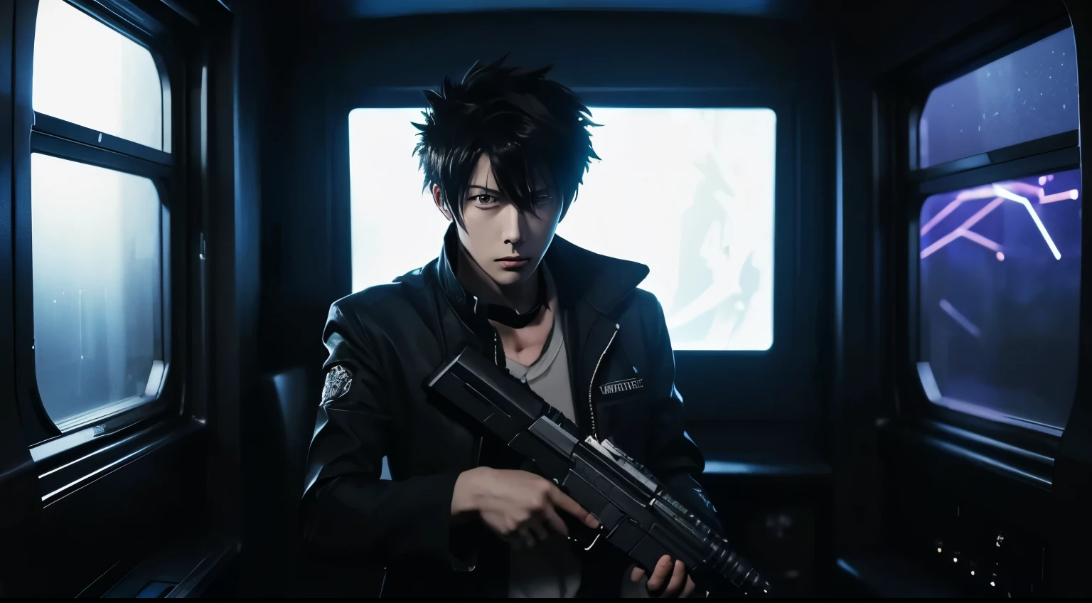 art style in the style of psycho-pass, dominator gun, anime, kogami, wielding dominator gun, dark metro, window with light, night time, neon lights in background, dramatic dark lighting