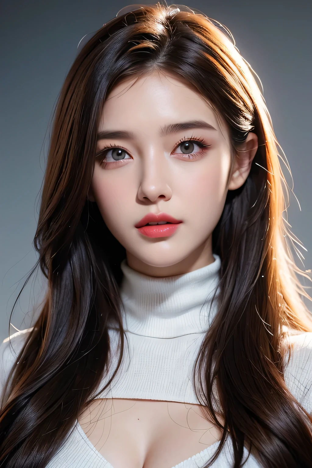 High-quality work,Realistic works,Super premium graphics,8K HD CG works,high quality graphics,High-definition and exquisite CG works,10x pixels,Ultra-fine details:1.1,Advanced technical details:1.1Realistic photo effects,Interior lighting effects:1.5,natural soft light:1.5. Light effect(Virtual light effects:1.8),Ultra-high resolution,shining dress,sliver long hair,silber hair,transparenthair,high detailed hair(Quality hair details:1.1)Clear eyes,Double eyelids look good,Sharp eye makeup, Create exquisite eyelash makeup, tthin eyebrows, Ultra-detailed eyes,a tall nose, lovely red lips, rosey cheeks, With delicate makeup on her face , pretty face, The face shape is perfectly proportioned,(Advanced facial details:1.1)1girl,solo,realistic,looking at viewer,brown hair,turtleneck,simple background,lips,sweater,portrait,closed mouth,turtleneck sweater,coat,white background,,Women's artwork,Dress full body video,Reality,Amazing Cleavage,My eyes are very bright today