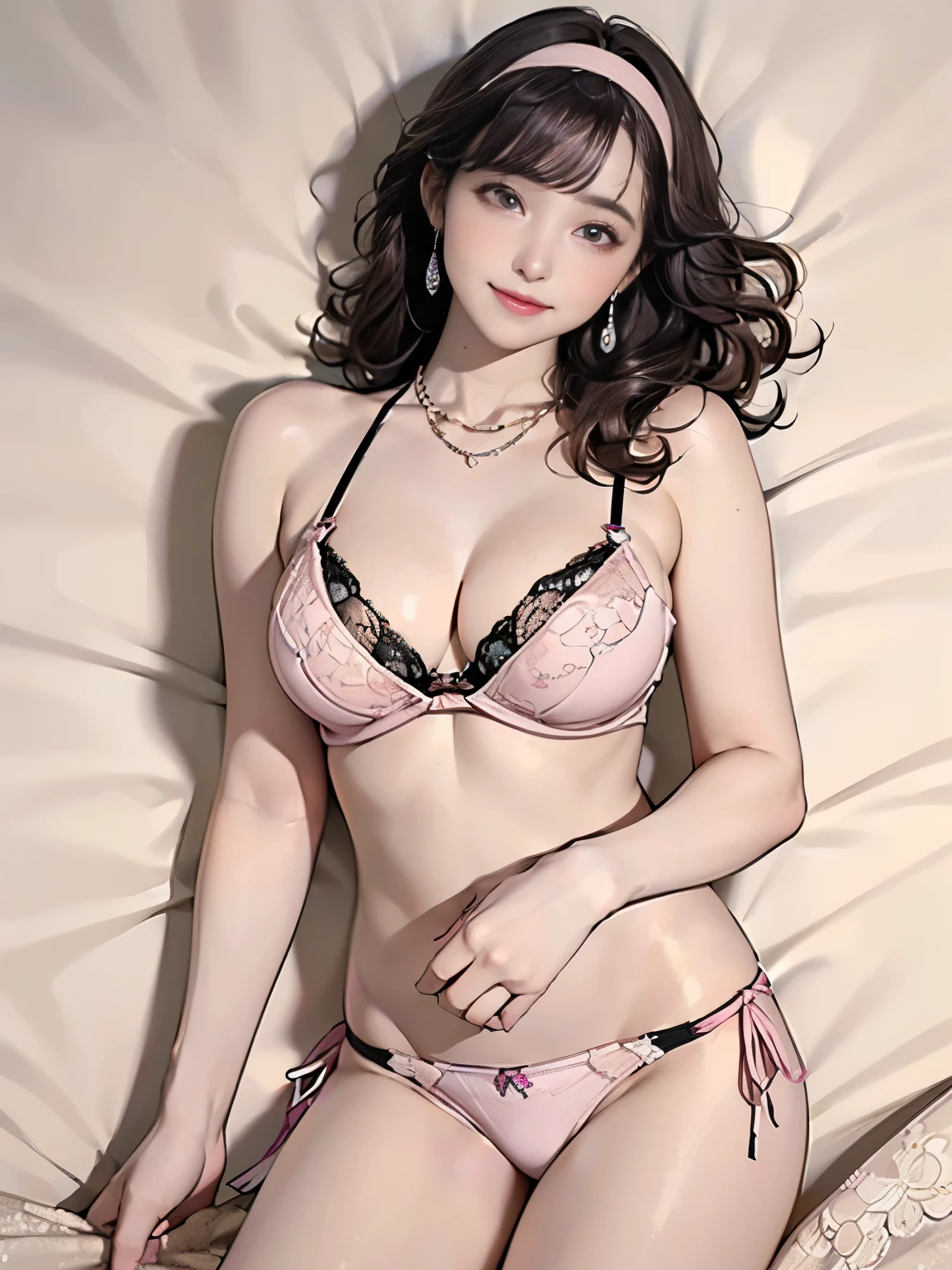 ((((highest quality))))、(((Ultra-precision CG16K wallpaper)))、(((masterpiece)))、(((Super detailed)))、(((Extreme detail)))、((1Mature 29 year old woman:1.6))、((Very beautiful Japanese faces))、((Zuo々Nozomi:1.5))、((Soft Wave Medium Hair、blunt bangs:1.5))、(Shiny brown hair)、Beautiful delicate eyes、Brown Eyes、eyeliner、Eyeshadow、High nose、Small nostrils、Small Mouth、Seductive lips、Beautiful breasts、((C cup size breasts))、Cleavage、Beautiful feet、eight-headed body、Perfect proportions、Perfect Anatomy、Perfect composition、Beautiful detailed shading、Beautiful, natural lighting、Beautiful detail glow、Depth of written boundary、(((High chroma)))、(((Real:1.9)))、((vivid:1.5))、((Beautiful Skin))、((Skin Texture))、((Realな皮膚感))、(((Cowboy Shot:1.6)))、((Aerial view angle:1.6))、(((smile:1.6)))、((The woman is looking at this、looking at viewer:1.6))、Bright daylight、Natural light、(((Bedroom:1.5)))、(Lying pose:1.6)、(((Pink beige lace bikini lingerie:1.6)))、((Wide Hair Band、Earrings、Wearing a necklace:1.5))、(((A woman is sleeping in bed with her eyes open:1.8)))、