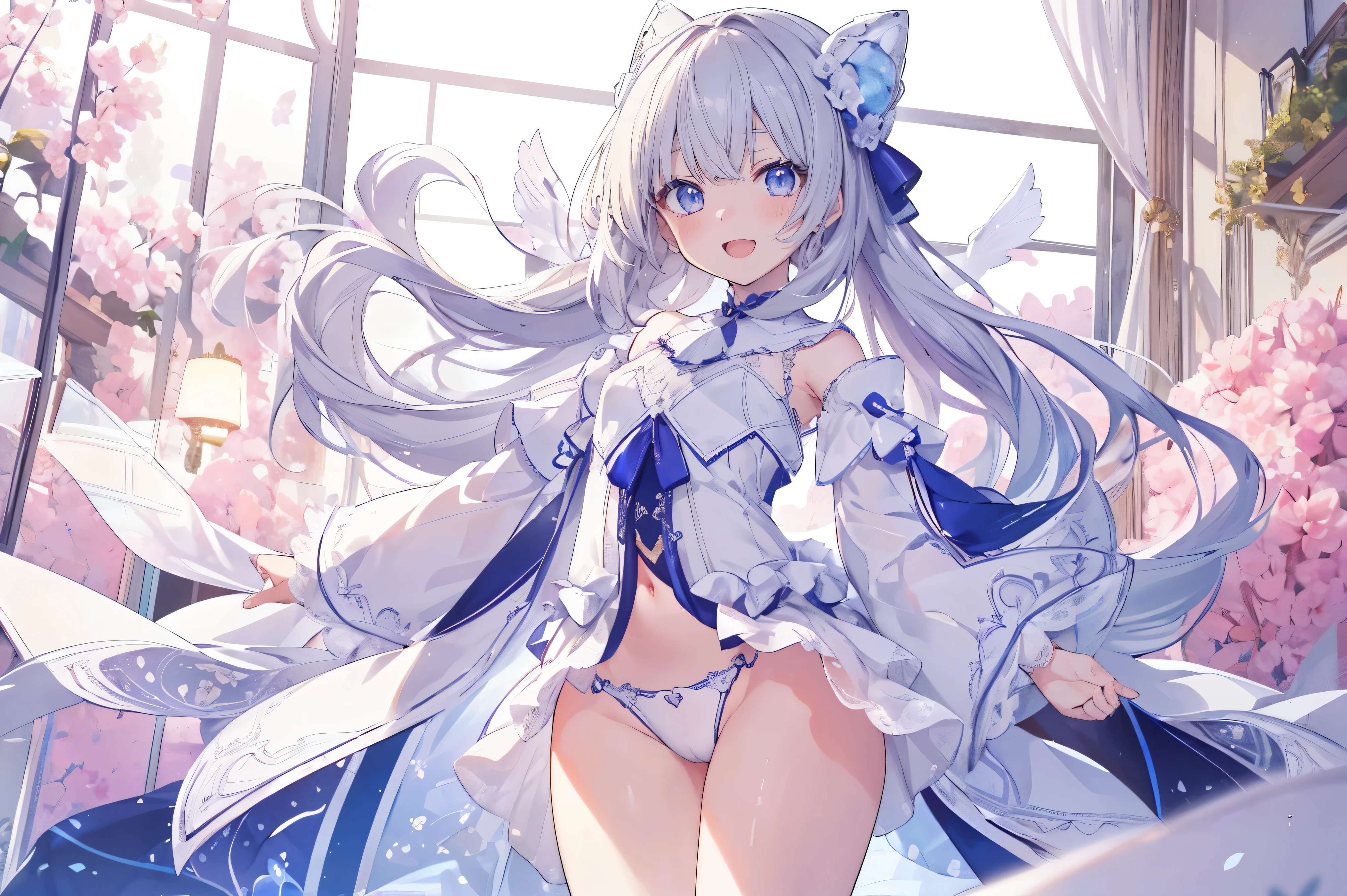 Masterpiece、Highest quality、highest quality、Girl、((Transparency))、(Open Mouth Smile)、Shiny hair quality、Small face、Cute pose、Super detailed, beautiful, wide eyes、Ultra-detailed, clear and beautiful faces、Transparency、(cute illustration:1.2), High-resolution, ultra-detailed, best quality, embarrassed、Thin thighs, Awards, Anatomically correct、whole body