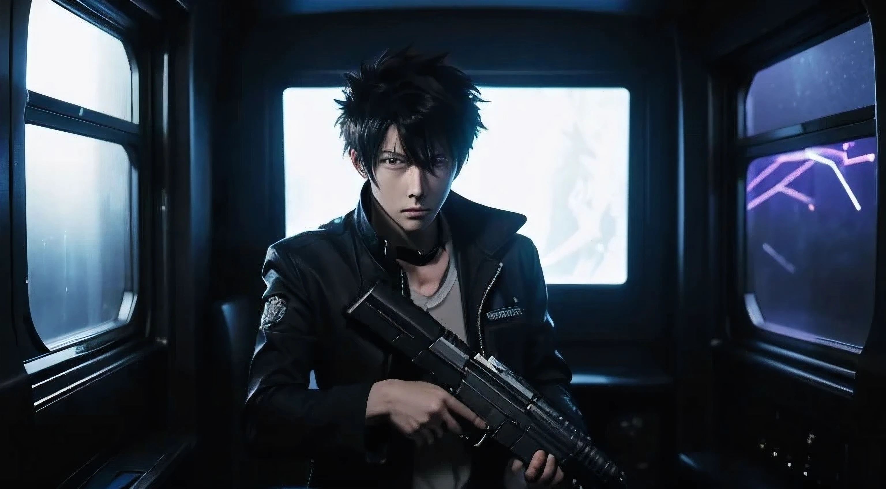 art style in the style of psycho-pass, dominator gun, anime, kogami, wielding dominator gun, dark metro, window with light, night time, neon lights in background, dramatic dark lighting
