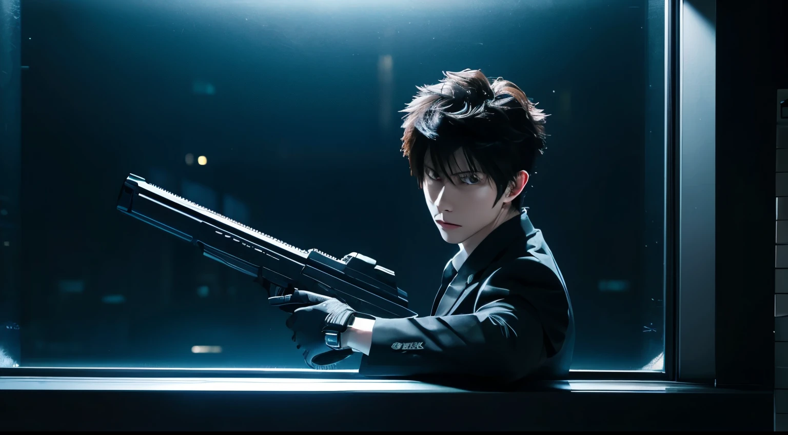 art style in the style of psycho-pass, dominator gun, anime, kogami, wielding dominator gun, dark metro, window with light, night time, neon lights in background, dramatic dark lighting