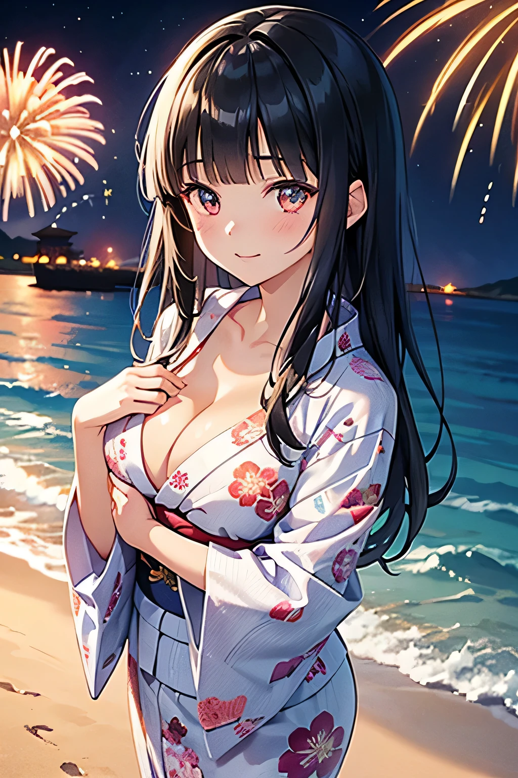 (high angle,from above,cleavage),♥(Japanese beautiful flower printed kimono,yukata),((1girl,cute,young,semi long beautiful black hair,blunt bangs,twin tales,beautiful eyes)),(solo),((masterpiece, highest resolution,best quality)), (beautiful illustration),(Japanese beautiful flower printed kimono,yukata),
 (looking at the viewer), innocent smile,cinematic lighting,walking around the beach,waves,fireworks,night sky,full moon,shooting star,