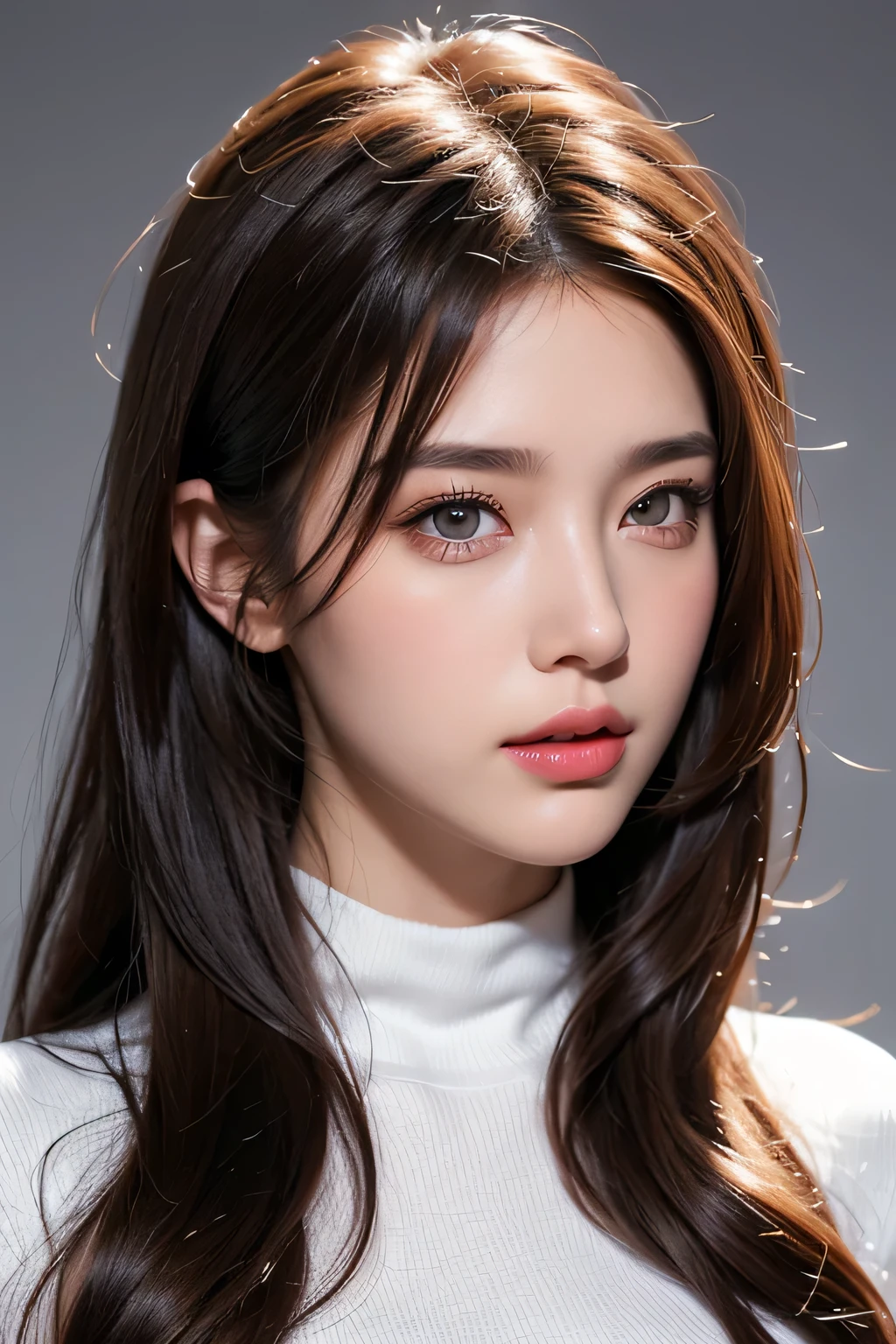 High-quality work,Realistic works,Super premium graphics,8K HD CG works,high quality graphics,High-definition and exquisite CG works,10x pixels,Ultra-fine details:1.1,Advanced technical details:1.1Realistic photo effects,Interior lighting effects:1.5,natural soft light:1.5. Light effect(Virtual light effects:1.8),Ultra-high resolution,shining dress,sliver long hair,silber hair,transparenthair,high detailed hair(Quality hair details:1.1)Clear eyes,Double eyelids look good,Sharp eye makeup, Create exquisite eyelash makeup, tthin eyebrows, Ultra-detailed eyes,a tall nose, lovely red lips, rosey cheeks, With delicate makeup on her face , pretty face, The face shape is perfectly proportioned,(Advanced facial details:1.1)1girl,solo,realistic,looking at viewer,brown hair,turtleneck,simple background,lips,sweater,portrait,closed mouth,turtleneck sweater,coat,white background,,Women's artwork,Dress full body video,Reality,Amazing Cleavage,My eyes are very bright today