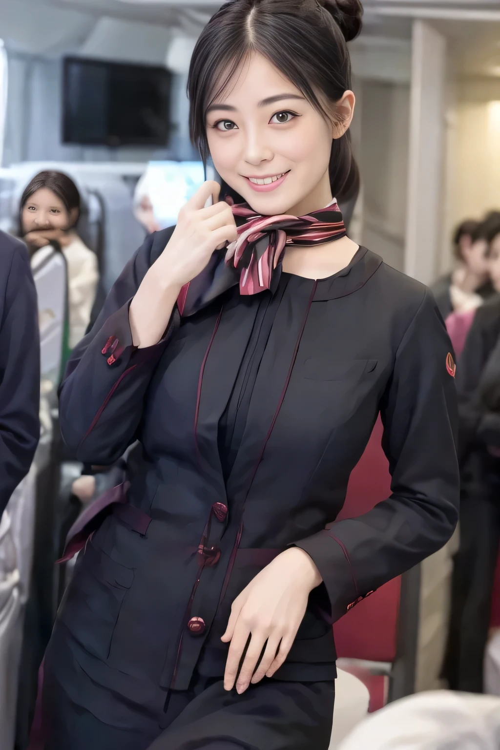 (masterpiece:1.2、highest quality:1.2)、32K HDR、High resolution、(alone、1 girl、Slim figure)、(Realistic style of JAL cabincrew uniform)、 (On board, Professional Lighting)、Background on board、A proper woman, Beautiful Face,、(Black JAL cabincrew uniform)、(Long sleeve JAL cabin crew uniform)、(Scarf around the neck)、Big Breasts、(Long Hair Up、Hair Bun)、Dark brown hair、Long Shot、((Great hands:2.0))、((Harmonious body proportions:1.5))、((Normal limbs:2.0))、((Normal finger:2.0))、((Delicate eyes:2.0))、((Normal eyes:2.0)))、Beautiful standing posture、smile