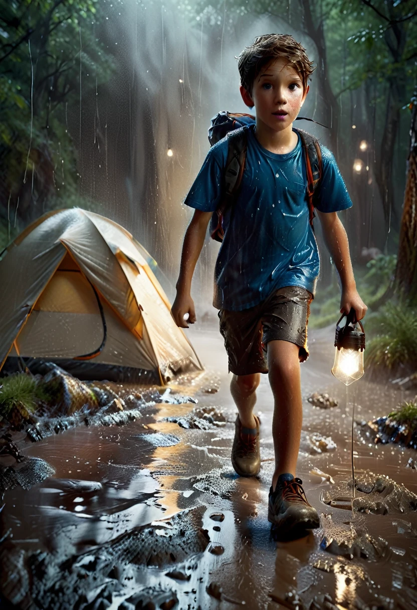 a boy running to a tent because of rain, campfire going out in the rain, cloudy with low light, boy holding a flashlight in his hand, (best quality,4k,8k,highres,masterpiece:1.2),ultra-detailed,(realistic,photorealistic,photo-realistic:1.37),highly detailed environment, dramatic lighting, moody atmosphere, dramatic clouds, rain effects, wet surfaces, campfire embers, flashlight illumination, mud puddles, detailed facial features,expressive eyes,detailed clothing,rugged terrain