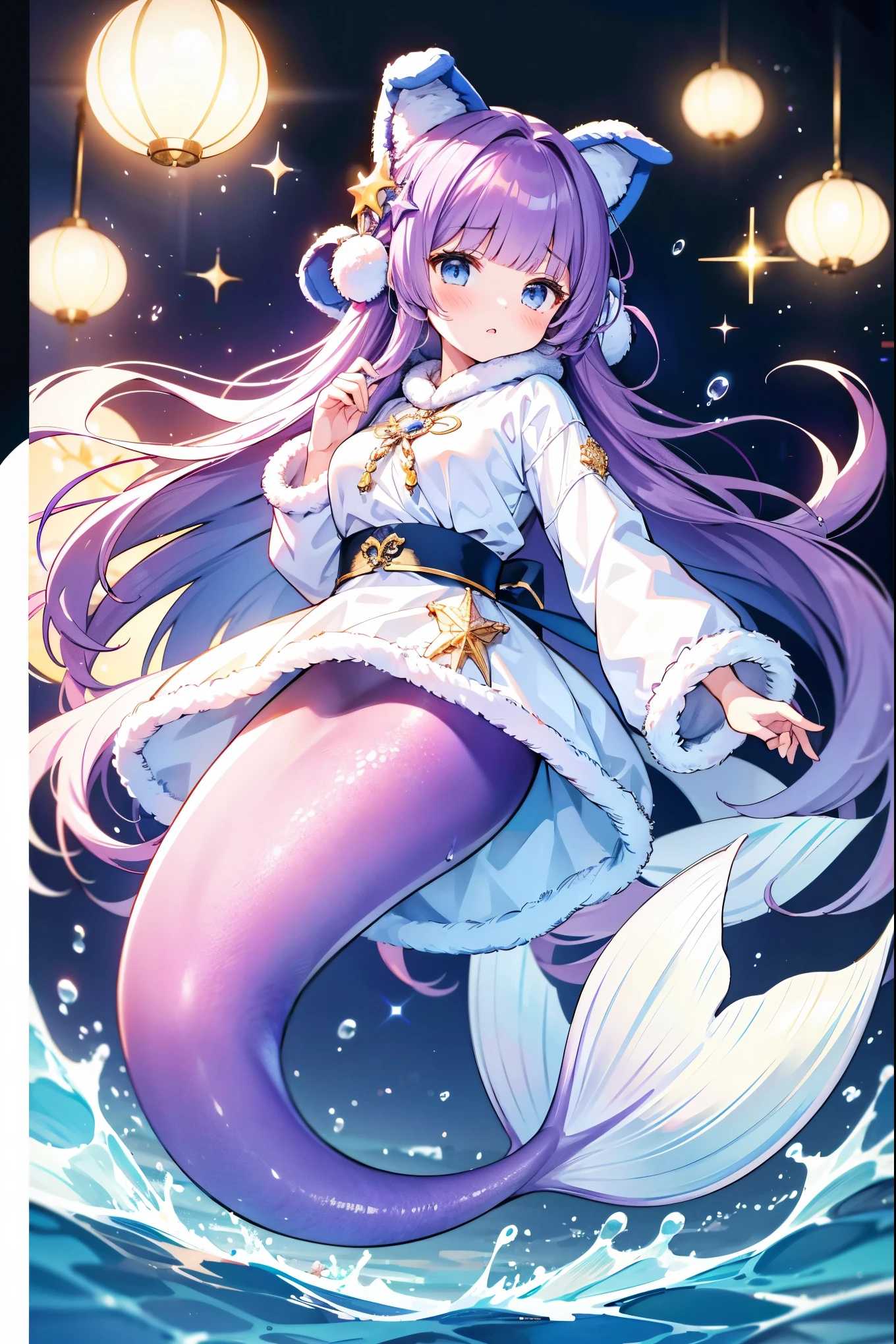 masterpiece, best quality,A girl,Large Breasts,Hair accessories,White sweater,White coat,Fur trim,Winter Clothing,Long sleeve,Fake animal ears,Mermaid,紫色的Mermaid尾巴,Tashkent,Purple Hair,blue eyes,long hair,Bangs,full-body shot,seabed,Underwater,Sea view