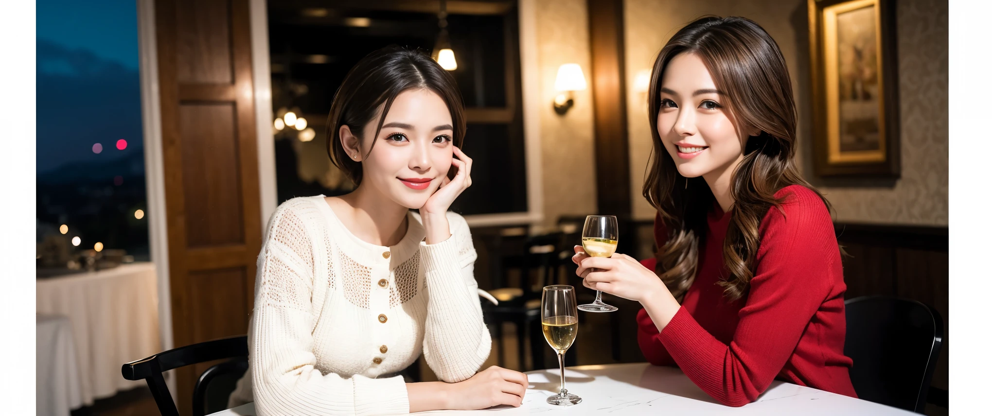 (highest quality、8k、masterpiece:1.3)、Beautiful woman with perfect figure:1.4、Dark brown hair、Wine Party 、2 people、Highly detailed face and skin、Fine grain、double eyelid、テーブルにwine glass、Facial lighting、 Amazing view of the sunset sky and clouds、Amazing mountain views、ニコニコ明るいsmile、smileの素敵な女性、Bright image、 Beautiful Face, short hair, (Age 35), 39 years old, Lady、red wine 、Appetizers、Italian food、wine bottle、Champagne、sparkling wine、Two beauties、Brown Hair、Shortcuts、Long sleeve shirt、dress、Pretty Woman 1, (slimな顔), (The body is slim), (Brown Hair), (Shortcuts), cheeks turn a little red,Attractive beauty、restaurant, In a prominent place (From the waist up) Nova Frog Style, actress, model, Upper Body, White wine, slim, wine glass, smile, (smile: 1.15), Beautiful fine grain, Depth f/2,saturation, High Contrast, Strong light and shadow,Moist Body:1.5、3D texture、Delicate eyes、Brown Hair、The hair is very shiny、