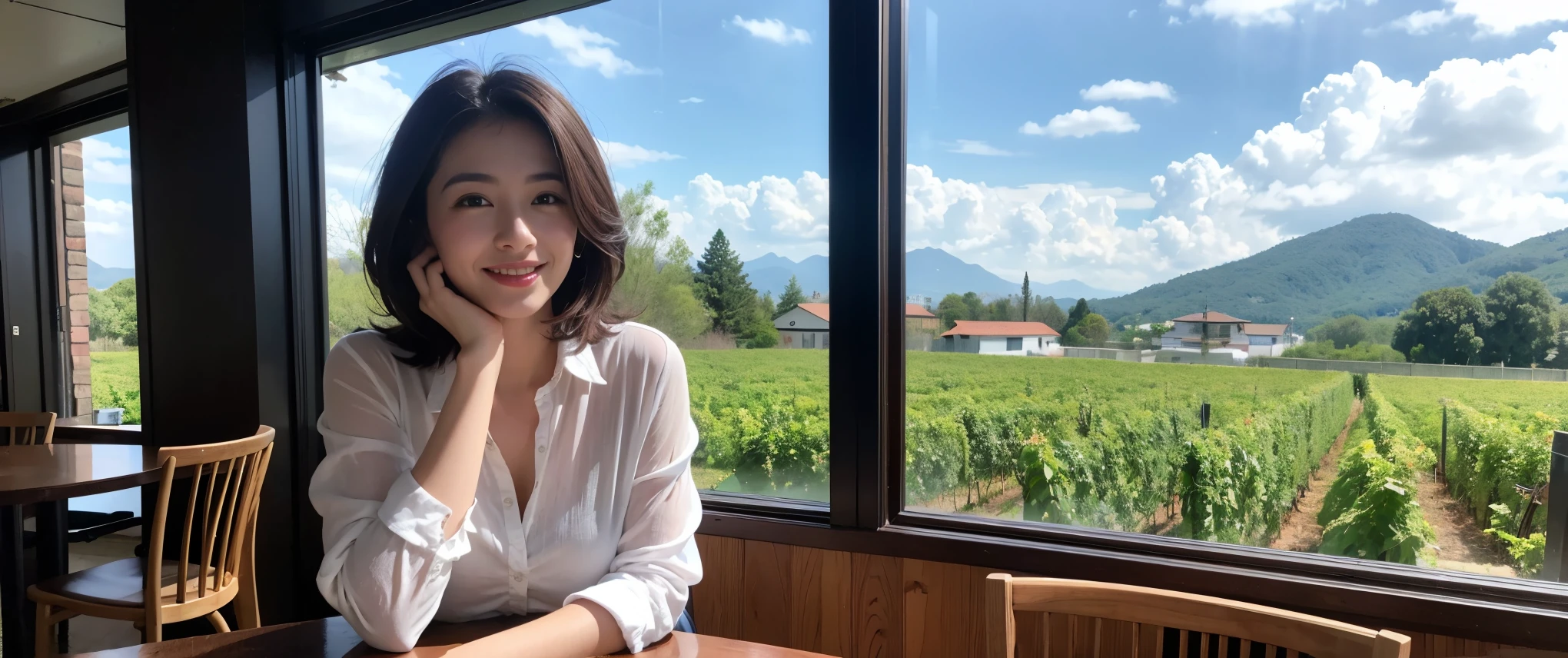 (highest quality、8k、masterpiece:1.3)、Beautiful woman with perfect figure:1.4、Dark brown hair、Wine Party 、2 people、Highly detailed face and skin、Fine grain、double eyelid、テーブルにwine glass、Facial lighting、 Amazing view of the sunset sky and clouds、Amazing mountain views、ニコニコ明るいsmile、smileの素敵な女性、Bright image、 Beautiful Face, short hair, (Age 35), 39 years old, Lady、red wine 、Appetizers、Italian food、wine bottle、Champagne、sparkling wine、Two beauties、Brown Hair、Shortcuts、Long sleeve shirt、dress、Pretty Woman 1, (slimな顔), (The body is slim), (Brown Hair), (Shortcuts), cheeks turn a little red,Attractive beauty、restaurant, In a prominent place (From the waist up) Nova Frog Style, actress, model, Upper Body, White wine, slim, wine glass, smile, (smile: 1.15), Beautiful fine grain, Depth f/2,saturation, High Contrast, Strong light and shadow,Moist Body:1.5、3D texture、Delicate eyes、Brown Hair、The hair is very shiny、
