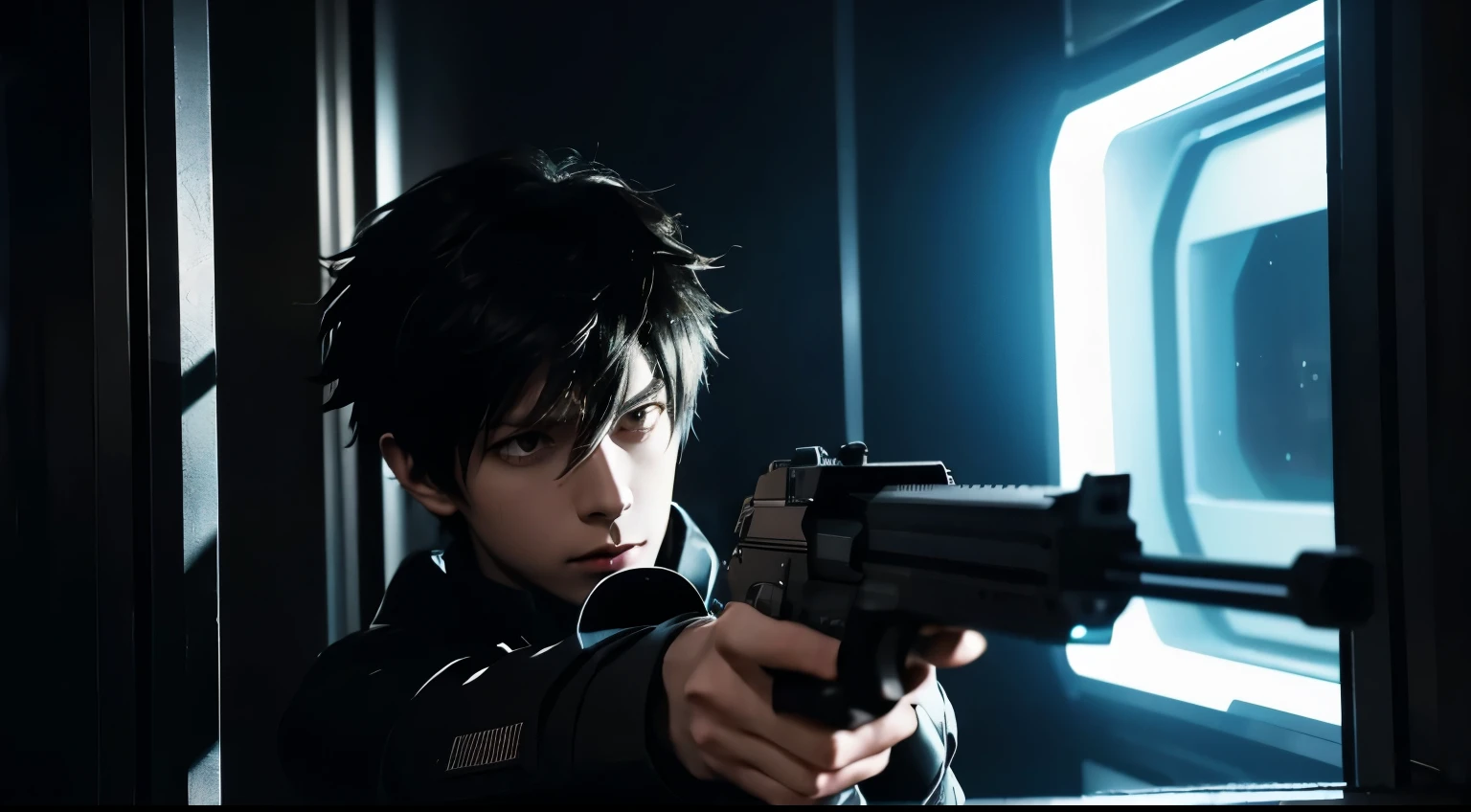 art style in the style of psycho-pass, dominator gun, anime, kogami, wielding dominator gun, dark metro, window with light, night time, neon lights in background, dramatic dark lighting