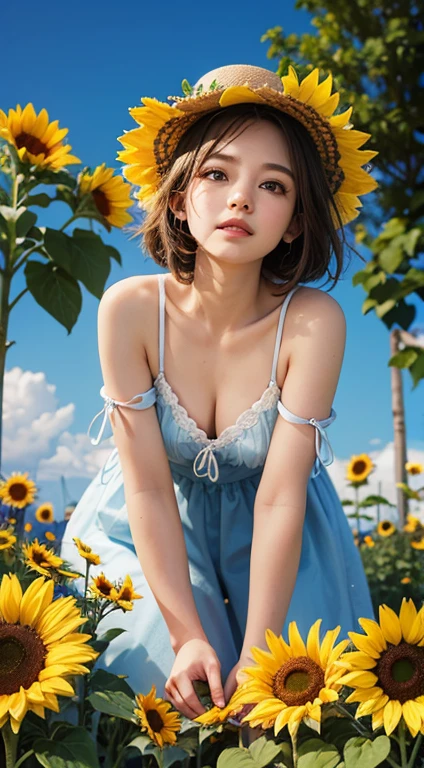   Flowers and blue sky、Summer sky and beautiful sunflowers、Landscape photo of a vast sunflower field、（View of the sky and wilderness from below）、Girl looking up at the blue sky、Draw a big picture of the sky、Tabletop、highest quality、perfect pretty smile face, Perfect Face, Five Fingers, Two Arms,