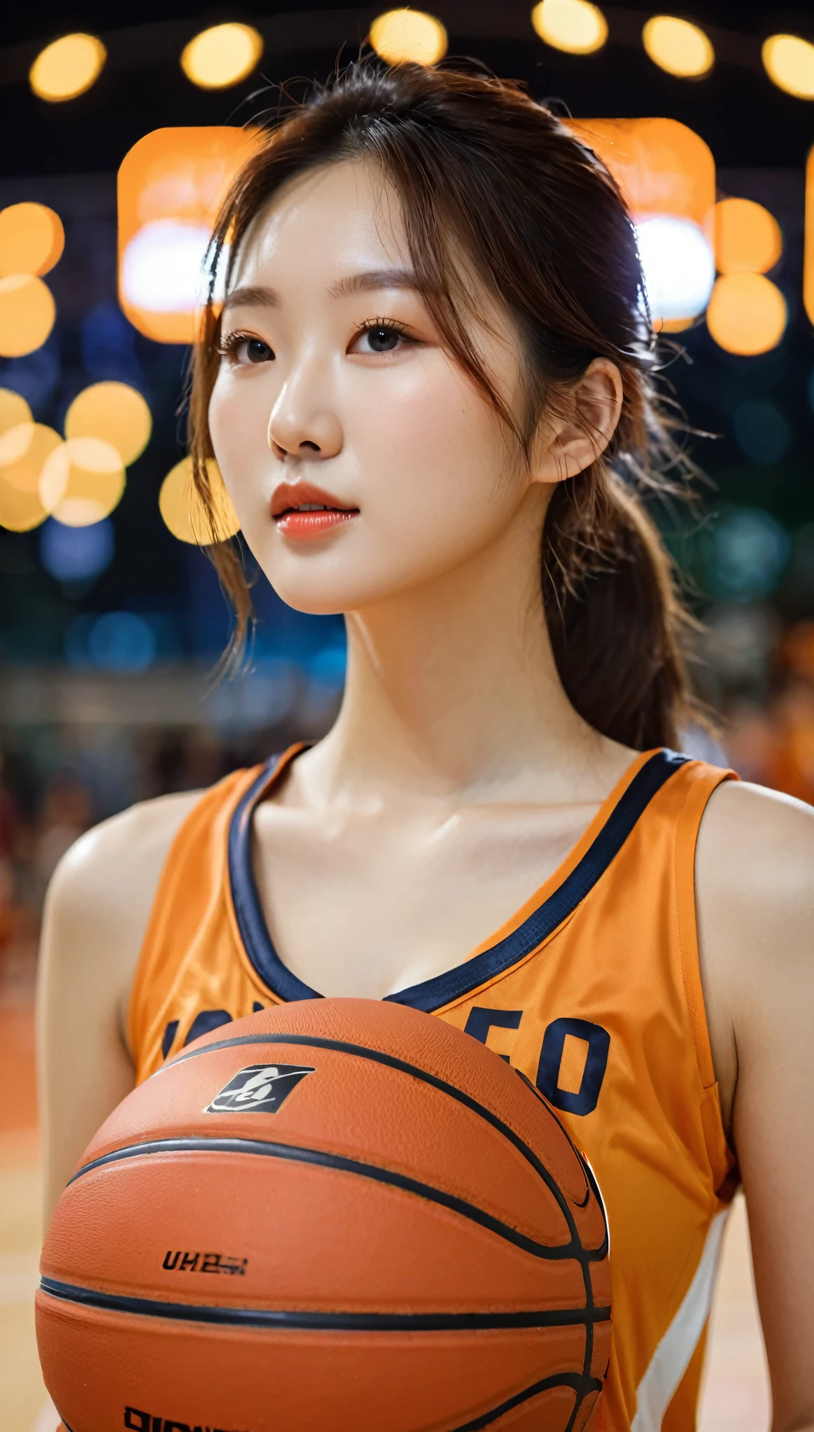 close-up of beautiful korean female, 34 inches breasts size, wearing orange basketball jersey, holding ball, in the basketball court, bokeh background, night, UHD 