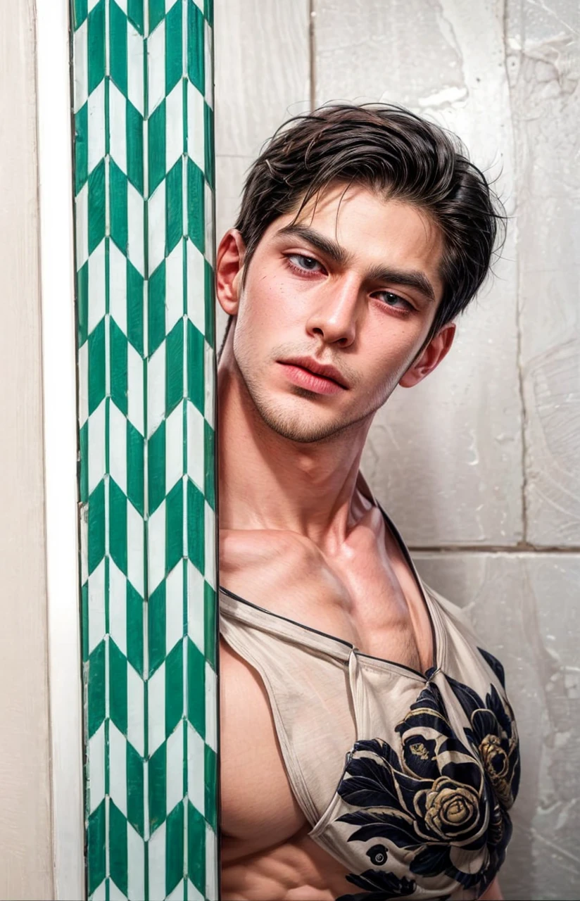 Masterpiece of man, Adult man with firm facial features like an Dutch, black eye, his nose is sharp, mature, black eyes, neat short balck hair, very handsome, white, clean, smooth skin, muscle body realistic,