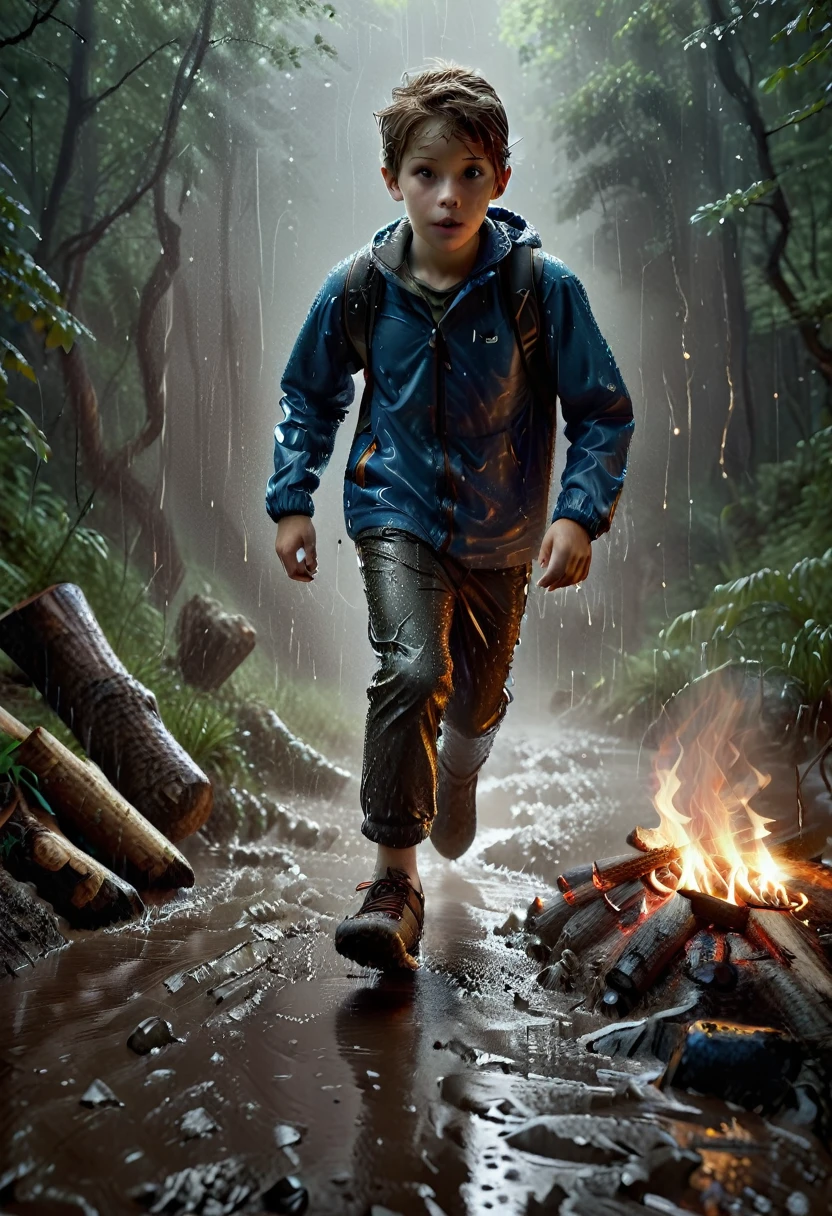 textura de piel, hiper realista, hiper nitido, a boy running to a tent because of rain, campfire going out in the rain, cloudy with low light, boy holding a flashlight in his hand, (best quality,4k,8k,highres,masterpiece:1.2),ultra-detailed,(realistic,photorealistic,photo-realistic:1.37),highly detailed environment, dramatic lighting, moody atmosphere, dramatic clouds, rain effects, wet surfaces, campfire embers, flashlight illumination, mud puddles, detailed facial features,expressive eyes,detailed clothing,rugged terrain