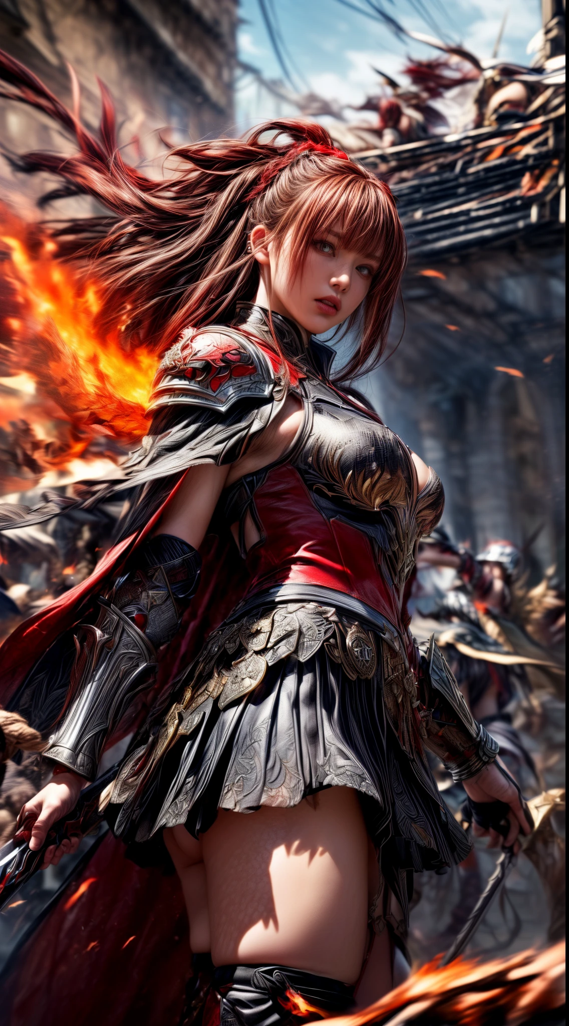 Very beautiful woman、Slender women、(Detailed face)、Realistic Skin、((Knight of Fire)), (((Crimson armor:1.25)))、((((非常に繊細で繊細な装飾が施されたCrimson armor:1.5))))、((Delicate photo)),(Girl Astepeace RAW Photo Details:1.25), (highest quality:1.6), (超A high resolution:1.5), (Realistic:1.75), 8K resolution, Canon EOS R5, 50mm, Absurd, Ultra-detailed,Cinema Lighting,Battlefields of Medieval Europe、((battle))、RPG World、Final Fantasy、(((Embellished skirt)))、Thigh-high socks、Shin Guards、night、((too long bangs))、((One short thick dark red hair braid))、(Six-pack)、Torn Cloak、Beautiful Armor、(((Giant Sword)))、In combat、The wind is blowing、(((Inferno filling the entire area)))、(((Leading a large group of red knights)))、(((Knight Commander)))、(Armor with a Phoenix motif)、(((Fire blaze)))、(((Intense action scenes)))、(((Crimson Phoenix)))、((nsfw))