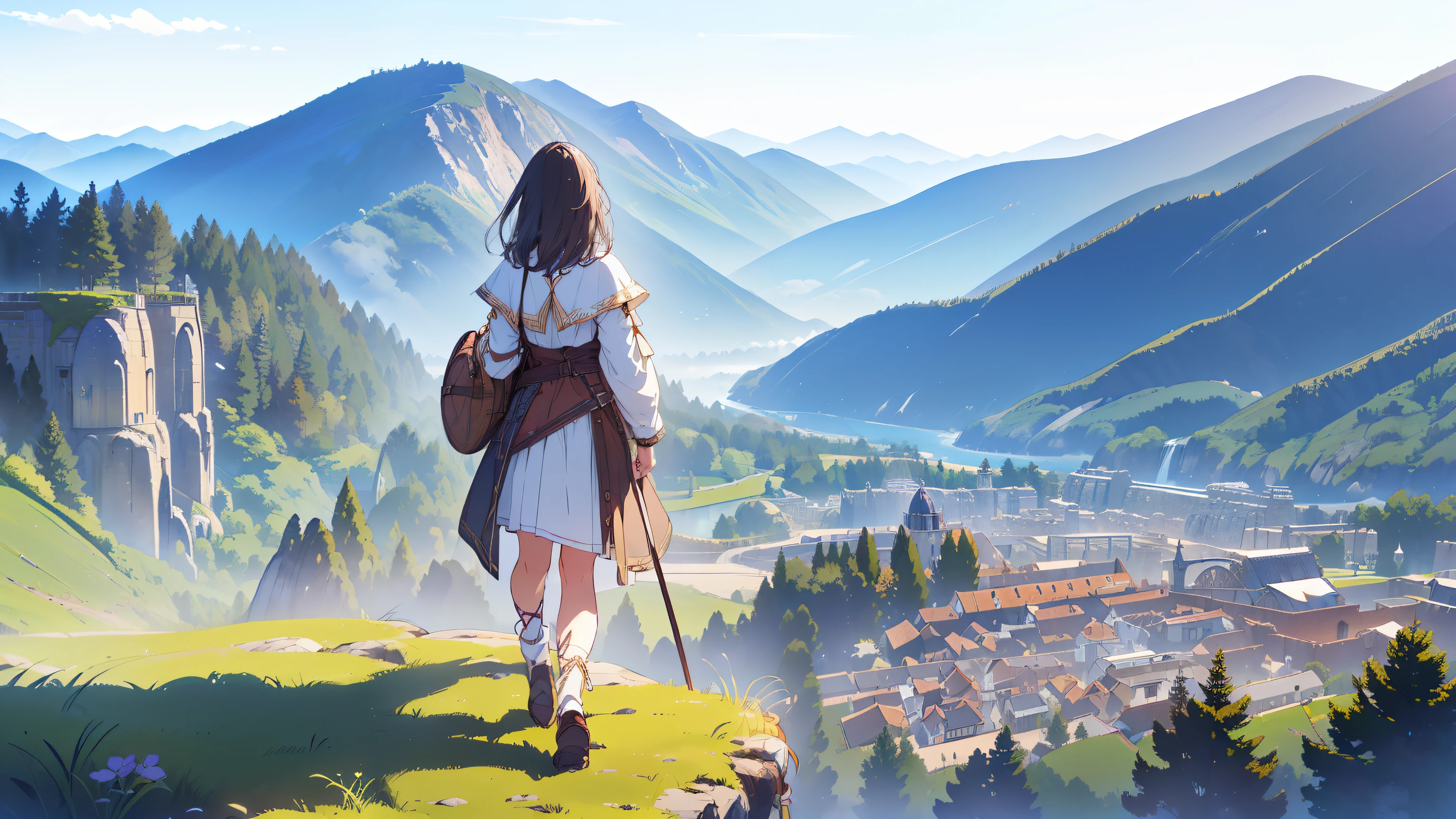 ((Top quality, 4k, 8k, high resolution, masterpiece: 1.2))), (super detailed), (realistic), (photorealistic), (photorealistic: 1.37), (HDR, UHD), (studio (lighting), ultra-fine drawing, sharp focus, physically based rendering, highly detailed, professional, vibrant colors, Long shot, Panorama, Aerial view, SONY 35mm F/5.6, (((Distant view))), (((put the head in the screen))), (((white background))), fantasy, medieval europe, city, four girls, girl in adventurer form, walking,