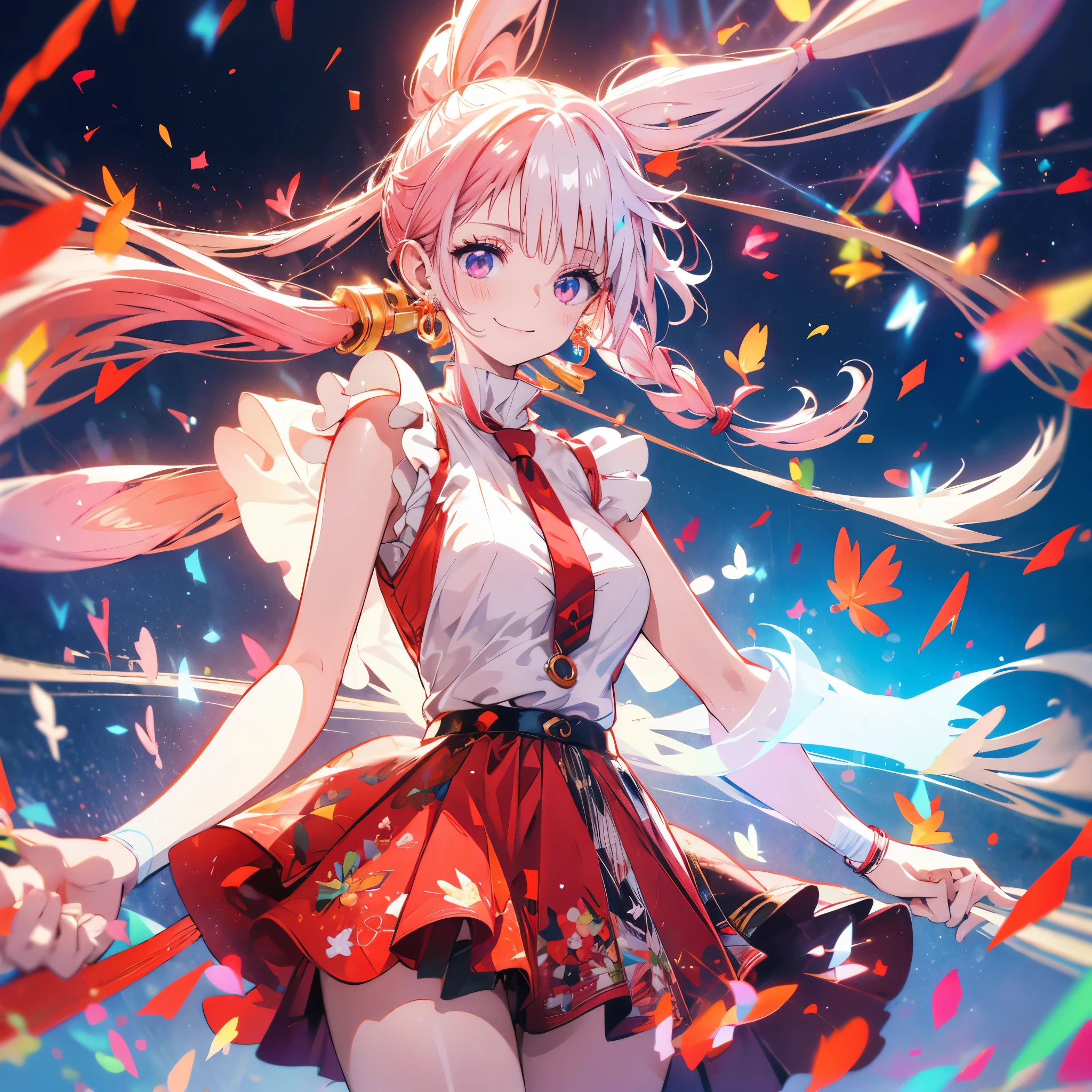 Red and white hair　Idol Floating notes in the sky　pendant　Shiny earrings　Flowing hair　stage　Bathed in light　Open your mouth　smile　Hold the microphone　Shining Aura　Shining　Crystal Eyes　Confetti　Particles of light　Large Breasts　fall　Catch the wind