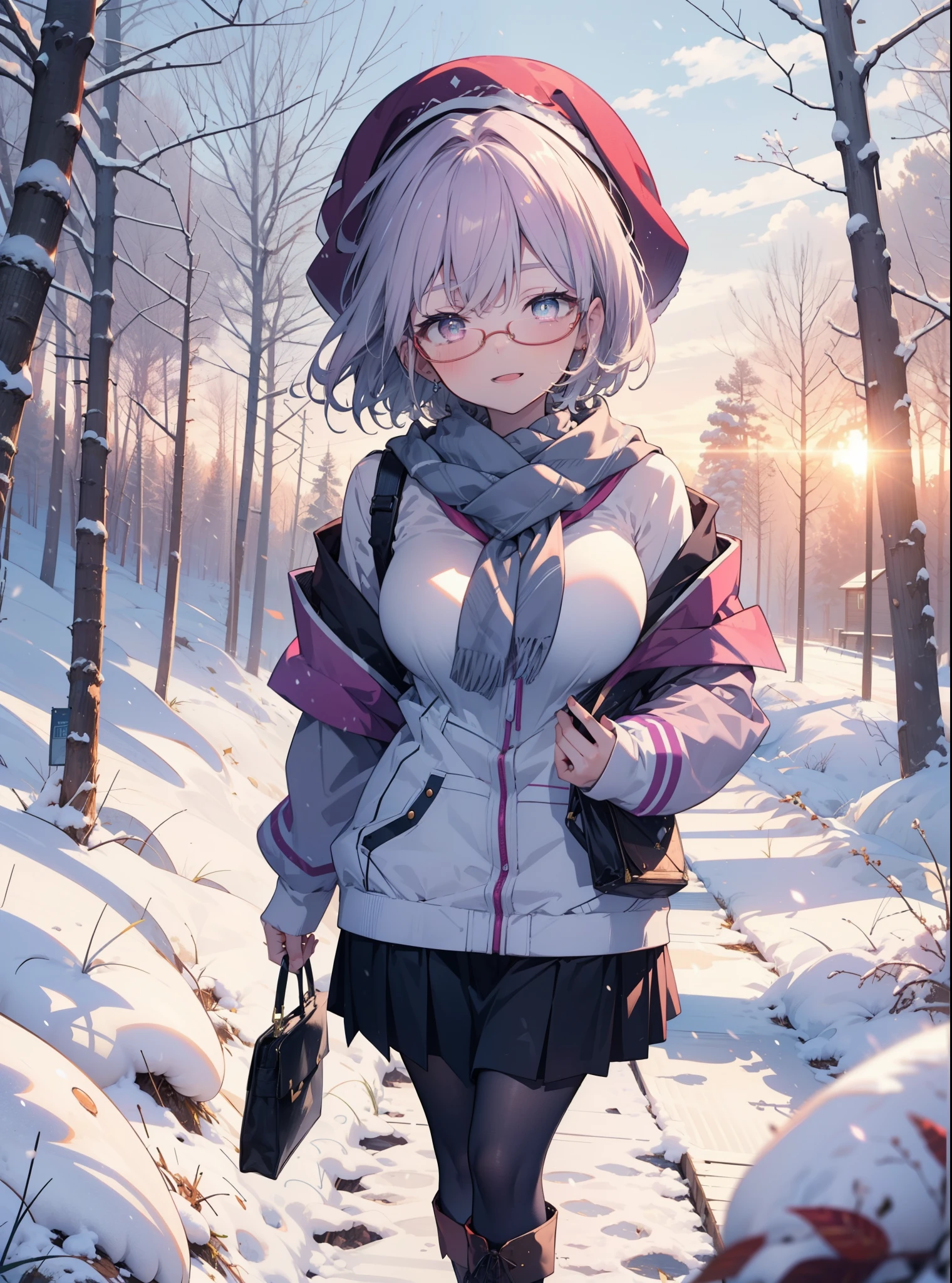 akaneshinjou, shinjou akane, Light purple hair, (Pink Eyes:1.2), short hair,Akagi Glasses,hair band,,White Breath,Big Breasts,Purple coat,White sweater,happy smile, smile, Open your mouth,Black long skirt,Gray pantyhose,Red scarf,short boots,Knitted hat,Daytime,cloudy,snow,snowが降り積もっている,whole bodyがイラストに入るように,Looking down from above,
 break looking at viewer,whole body,               　　　　　　　 break outdoors 森, nature, 　　　　　　　　　　　break (masterpiece:1.2), highest quality, High resolution, unity 8k wallpaper, (shape:0.8), (Beautiful and beautiful eyes:1.6), Highly detailed face, Perfect lighting, Extremely detailed CG, (Perfect hands, Perfect Anatomy),