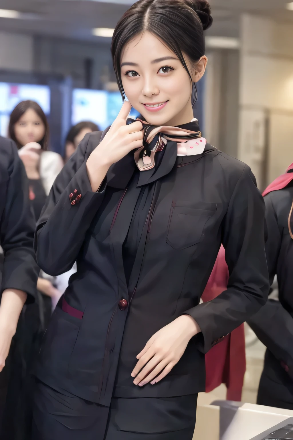 (masterpiece:1.2、highest quality:1.2)、32K HDR、High resolution、(alone、1 girl、Slim figure)、(Realistic style of JAL cabincrew uniform)、 (At the airport counter, Professional Lighting)、Airport counter wall background、A proper woman, Beautiful Face,、(Black JAL cabincrew uniform)、(Long sleeve JAL cabincrew uniform and skirt)、(Scarf around the neck)、Big Breasts、(Long Hair Up、Hair Bun)、Dark brown hair、Long Shot、((Great hands:2.0))、((Harmonious body proportions:1.5))、((Normal limbs:2.0))、((Normal finger:2.0))、((Delicate eyes:2.0))、((Normal eyes:2.0)))、Beautiful standing posture、smile