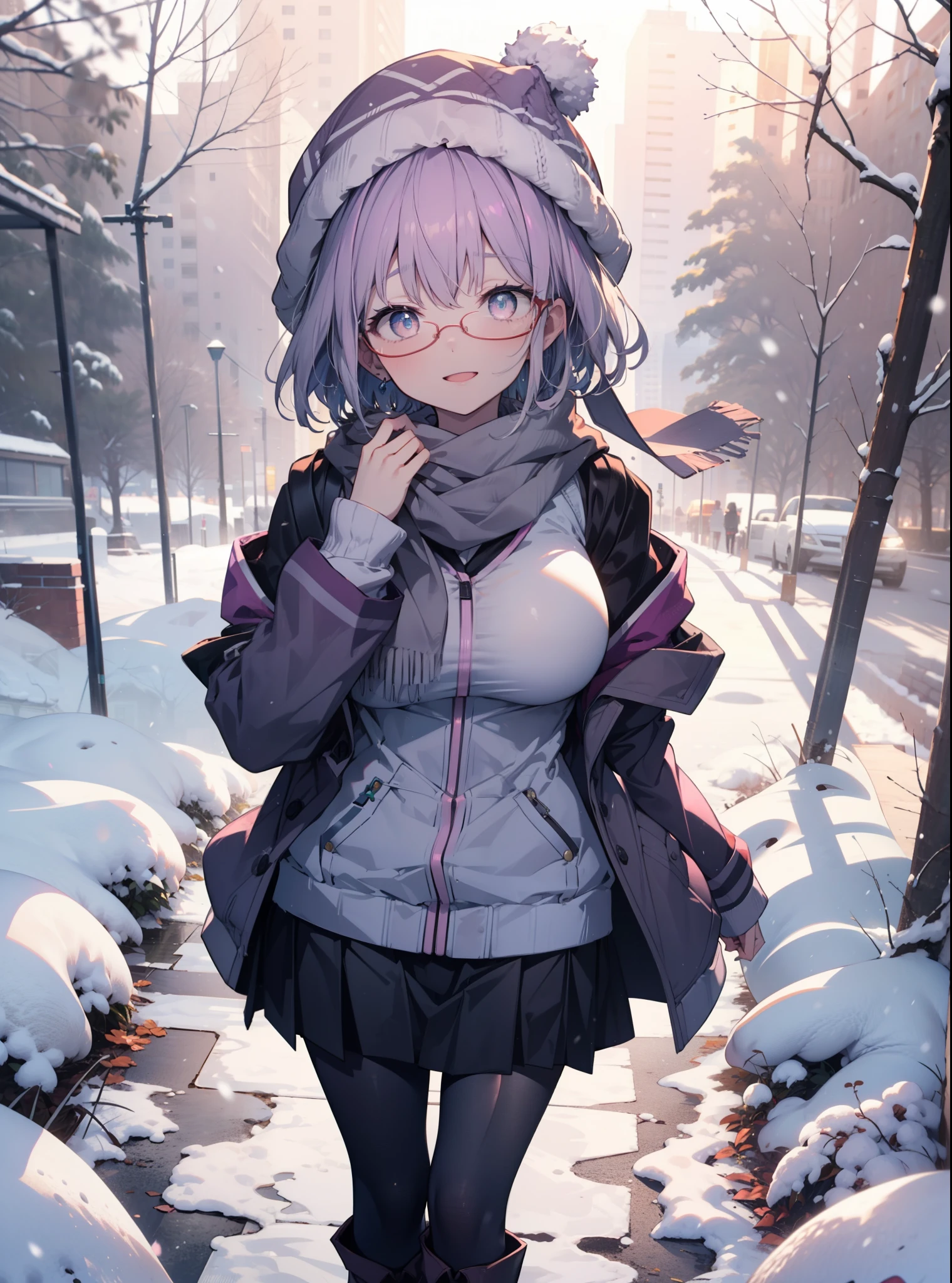 akaneshinjou, shinjou akane, Light purple hair, (Pink Eyes:1.2), short hair,Akagi Glasses,hair band,,White Breath,Big Breasts,Purple coat,White sweater,happy smile, smile, Open your mouth,Black long skirt,Gray pantyhose,Red scarf,short boots,Knitted hat,Daytime,cloudy,snow,snowが降り積もっている,whole bodyがイラストに入るように,Looking down from above,
 break looking at viewer,whole body,               　　　　　　　 break outdoors 森, nature, 　　　　　　　　　　　break (masterpiece:1.2), highest quality, High resolution, unity 8k wallpaper, (shape:0.8), (Beautiful and beautiful eyes:1.6), Highly detailed face, Perfect lighting, Extremely detailed CG, (Perfect hands, Perfect Anatomy),