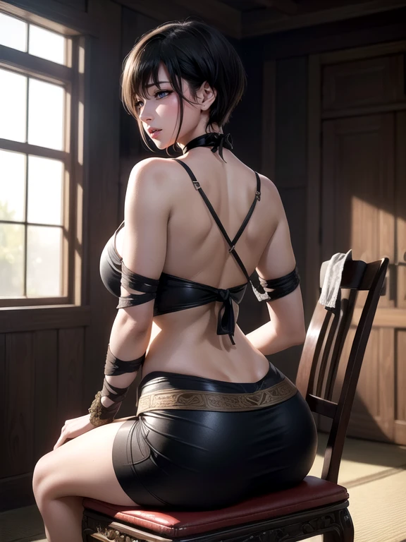 20 year old Japanese woman,(非常にdetailedな肌),Curvy,,Beautiful big ,(Very large breasts),Pale skin,Pointed Chest,Erect nipples,(Fantasy art,Best image quality,Hyperrealist portrait,(8k),Ultra-realistic,最high quality, high quality, High resolution, high quality texture,Attention to detail,Beautiful details,detailed,Extremely detailed CG,detailed Texture,Realistic facial expressions,masterpiece,in front,dynamic,bold),(((short pixie cut))),(Very thin hair),(Very soft hair),(Super Straight Hair:1.5),length, sleek bangs,Very light coppery amber hair,Hair in one eye、(((She is tied up in the tortoiseshell knot.))) (((sit astride a high-backed chair))) (((Sit with your chest against the backrest))) (((Rear View))) (((Photo from behind))) (((I'I'She's not wearing anything underneath her ties.))(((Genitals exposed and wet))) (((彼女はAccentuate your buttために背中を反らせている))) (((The lines of the body are clearly visible)))、(((Depiction of beautiful fingers))) (((Beautiful body depiction))) (((Sit with your legs apart)))、(((Accentuate your butt)))、(((Full body photo)))、(((Low angle photo)))、(((Correct ankle orientation)))(((The correct number of legs))) (((Accurate Body Composition)))