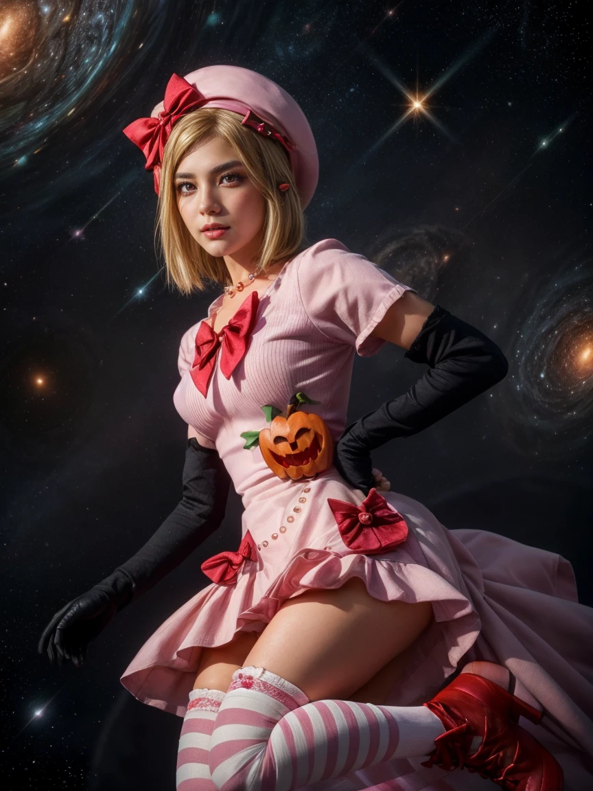 (1 lady), The beautiful, (Best quality at best:1.4), (ultra - detailed), (extremely detailed CG unified 16k), gold blonde hair, very detailed, High-definition RAW color photo, professional photoshooting, amazing face and eyes, cosmetics, (amazingly beautiful girl), ((lambdadelta, taller, tall woman)), ((dress, shoes bow, red shoes, striped stockings, red bow, pink hat, necklace, gloves, pearl, pumpkin brooch, pink dress)), (levitating in a cute posture, floating in the space), (She's levitating in a cosmic sea, outer space, quantum hyperspace room lacking walls, hyperspace chamber, extremely detailed background, a lot of details background, realistic background, universe, stars, quasar), (photo taken from above), realistic cinematic face, head to feet long wide zoomed out view, full body long view, photorealistic, ((realistic natural blonde hair style, red eyes)), gorgeous, extremely beautiful face, perfect model beauty, flirting smile, (mystical stare, looking eternity), (masterpiece), best quality, high resolution, depth of field, cinematic lighting, amazing legs, high heels, clear and well-cared skin