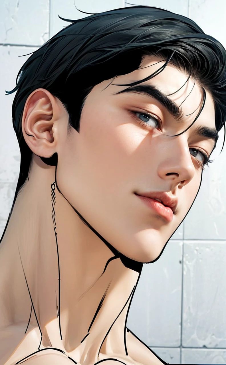 Masterpiece of man, Adult man with firm facial features like an Dutch, black eye, his nose is sharp, mature, black eyes, neat short balck hair, very handsome, white, clean, smooth skin, muscle body realistic,