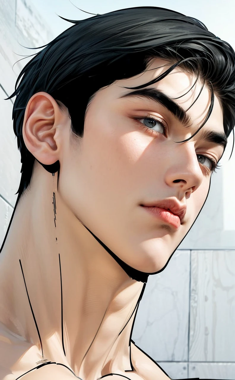 Masterpiece of man, Adult man with firm facial features like an Dutch, black eye, his nose is sharp, mature, black eyes, neat short balck hair, very handsome, white, clean, smooth skin, muscle body realistic, 