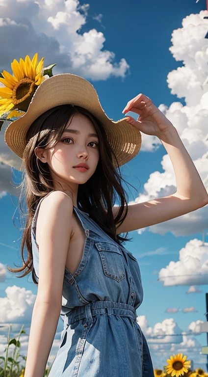 Flowers and summer blue sky、Cumulonimbus clouds are visible in the background、A girl painting a landscape of a vast sunflower field、Girl looking up at the blue sky、Draw a large picture of the sky and sunflowers、highest quality、8k