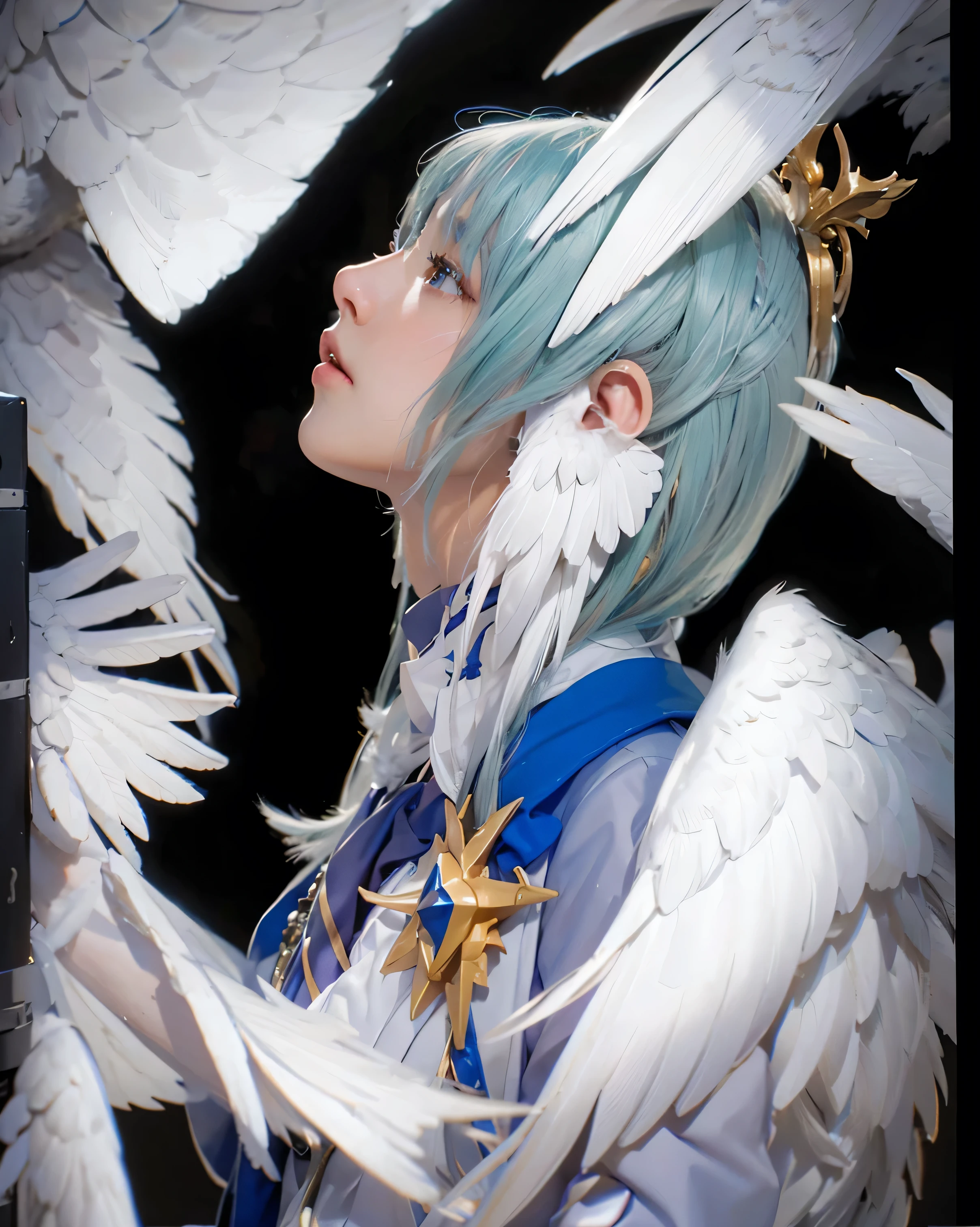 ((SUNDAY_HONKAI STAR RAIL)),((realistic, photorealistic)),(highlight hair)), Light reflection, (( HD )),((upper body)), (((best quality, masterpiece))), (masterpiece) (best quality) (detail) (8k) (HDR) (wallpaper) (cinematic lighting) (sharp focuasterpiece, best quality: 1.1), Real life adaption of this character,Handsome man , Shining green eyes, realistic outfit, realistic shadow, realistic light, realism, hyper realistic, realistic background,Realistic hair, realistic hair at the back,(photorealistic:1.2), 1man,Black background, Wing ears,Heaven background, white bird wings foreground, bird wings ear earrings,