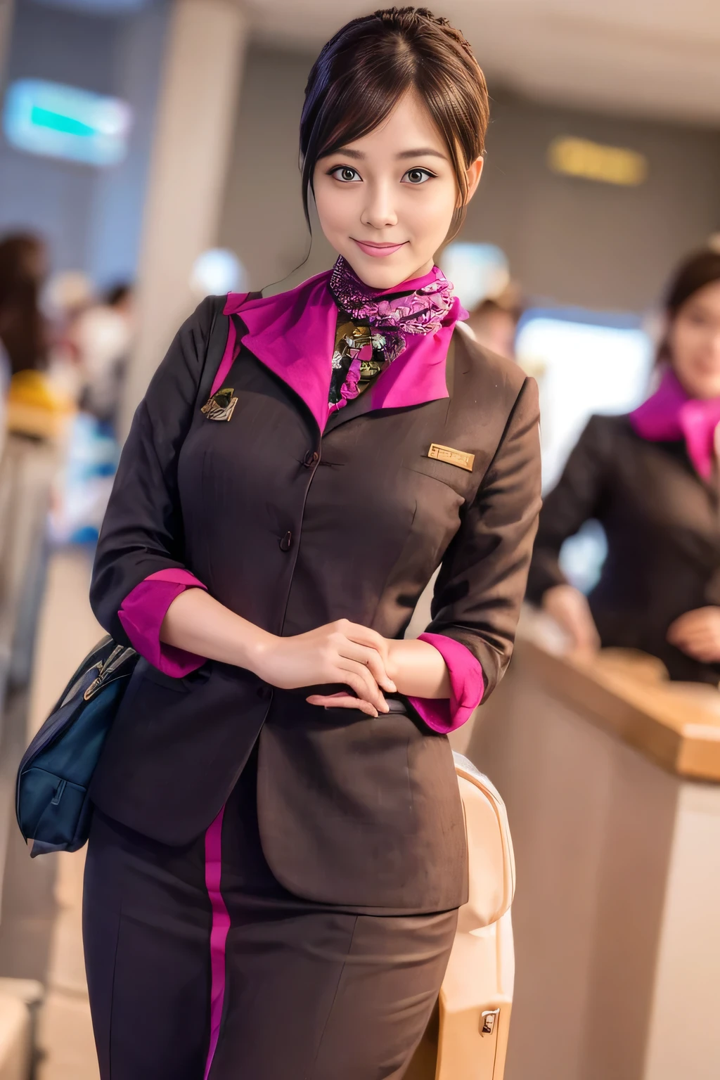 (masterpiece:1.2、highest quality:1.2)、32K HDR、High resolution、(alone、1 girl、Slim figure)、(A realistic reproduction of the ETIHAD Airways Cabincrew Uniform)、 (At the airport counter, Professional Lighting)、Airport counter wall background、A proper woman, Beautiful Face,、(Long sleeve ETIHAD Airways Cabincrew Uniform)、(ETIHAD Airways Cabincrew Uniform skirt with purple stripe on the front)、(scarf on chest)、Big Breasts、(Long Hair Up、Hair Bun)、Dark brown hair、Long Shot、((Great hands:2.0))、((Harmonious body proportions:1.5))、((Normal limbs:2.0))、((Normal finger:2.0))、((Delicate eyes:2.0))、((Normal eyes:2.0)))、Beautiful standing posture、smile