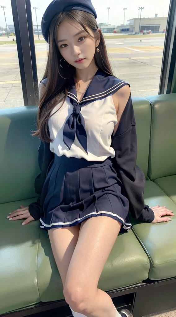 mix4, (16 K, Raw photography, Top image quality, masterpiece: 1.45), (realisitic, Photorealsitic: 1.37), one girls, 7.5, etc、No skin exposure due to clothing、Well groomed、Random hairstyle、Standing figure,Morning time slot、a very cute,, profetional lighting, photon maping、physically-based renderingt, Gradient dark brown hair,Crisp backgrounds and high resolution, a handsome, Well-groomed and beautiful eyes、Large double eyelids、Very shiny、girl with, (((student clothes、Long sleeve sailor suit worn by Japan 、Navy blue sailor color、scarf、a miniskirt, Small beret、high socks、lowfers))), Top Quality Photos, hight resolution, 1080p, (clearface), (Detailed face description), (Detailed hand description), (masterpiece), (Exquisite CG)、extreme light and shadows、dishevled hair、master work、abundant detail、(Fine facial features)、(top quality photo)、(masuter piece)、(A detailed eye)、Look in front of you、Fine clavicle、((Slender big))、(((Japan in sailor suit)))、((Beautiful face like an idol))、((Airport lobby、Before check-in、Airplane seen from the window))、(((neat and cute)))、earrings、A big smile、Drawing the whole body from the knees、Do not draw nasolabial folds、(((Cute sailor suit)))、(Big breasts that hang down big:1.2)、Big buttocks with tension、Two arms and two legs、(((from the front side:0.3)))、bare hand、No mask、