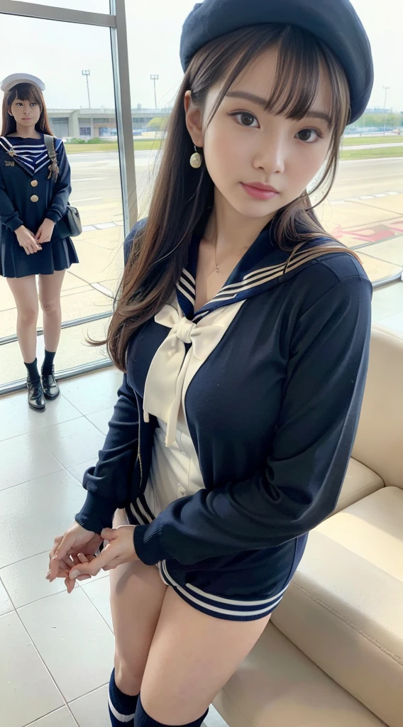 mix4, (16 K, Raw photography, Top image quality, masterpiece: 1.45), (realisitic, Photorealsitic: 1.37), one girls, 7.5, etc、No skin exposure due to clothing、Well groomed、Random hairstyle、Standing figure,Morning time slot、a very cute,, profetional lighting, photon maping、physically-based renderingt, Gradient dark brown hair,Crisp backgrounds and high resolution, a handsome, Well-groomed and beautiful eyes、Large double eyelids、Very shiny、girl with, (((student clothes、Long sleeve sailor suit worn by Japan 、Navy blue sailor color、scarf、a miniskirt, Small beret、high socks、lowfers))), Top Quality Photos, hight resolution, 1080p, (clearface), (Detailed face description), (Detailed hand description), (masterpiece), (Exquisite CG)、extreme light and shadows、dishevled hair、master work、abundant detail、(Fine facial features)、(top quality photo)、(masuter piece)、(A detailed eye)、Look in front of you、Fine clavicle、((Slender big))、(((Japan in sailor suit)))、((Beautiful face like an idol))、((Airport lobby、Before check-in、Airplane seen from the window))、(((neat and cute)))、earrings、A big smile、Drawing the whole body from the knees、Do not draw nasolabial folds、(((Cute sailor suit)))、(Big breasts that hang down big:1.2)、Big buttocks with tension、Two arms and two legs、(((from the front side:0.3)))、bare hand、No mask、
