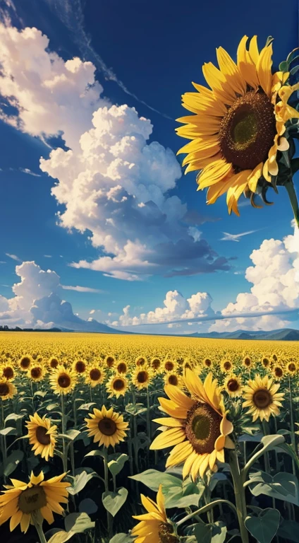 Flowers and summer blue sky、Cumulonimbus clouds are visible in the background、A girl painting a landscape of a vast sunflower field、Girl looking up at the blue sky、Draw a large picture of the sky and sunflowers、highest quality、8k