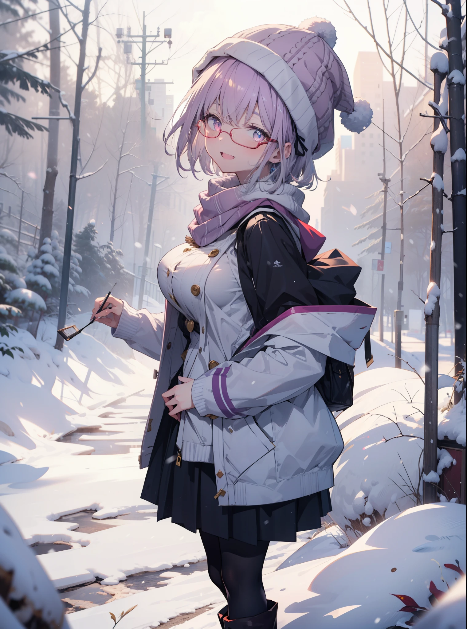 akaneshinjou, shinjou akane, Light purple hair, (Pink Eyes:1.2), short hair,Akagi Glasses,hair band,,White Breath,Big Breasts,Purple coat,White sweater,happy smile, smile, Open your mouth,Black long skirt,Gray pantyhose,Red scarf,short boots,Knitted hat,Daytime,cloudy,snow,snowが降り積もっている,whole bodyがイラストに入るように,Looking down from above,
break looking at viewer,whole body, break outdoors 森, nature, break (masterpiece:1.2), highest quality, High resolution, unity 8k wallpaper, (shape:0.8), (Beautiful and beautiful eyes:1.6), Highly detailed face, Perfect lighting, Extremely detailed CG, (Perfect hands, Perfect Anatomy),
