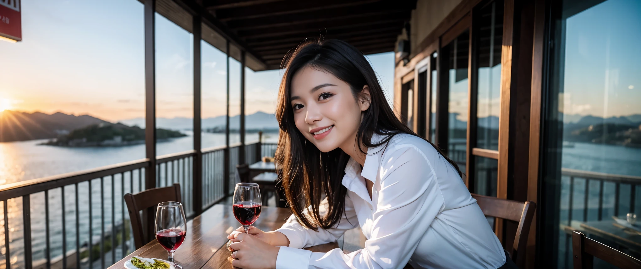 (highest quality、8k、masterpiece:1.3)、Beautiful woman with perfect figure:1.4、Dark brown hair、Wine Party 、2 people、Highly detailed face and skin、Fine grain、double eyelid、テーブルにwine glass、Facial lighting、 Amazing view of the sunset sky and clouds、Amazing mountain views、ニコニコ明るいsmile、smileの素敵な女性、Bright image、 Beautiful Face, short hair, (Age 35), 39 years old, Lady、red wine 、Appetizers、Italian food、wine bottle、Champagne、sparkling wine、Two beauties、Brown Hair、Shortcuts、Long sleeve shirt、dress、Pretty Woman 1, (slimな顔), (The body is slim), (Brown Hair), (Shortcuts), cheeks turn a little red,Attractive beauty、restaurant, In a prominent place (From the waist up) Nova Frog Style, actress, model, Upper Body, White wine, slim, wine glass, smile, (smile: 1.15), Beautiful fine grain, Depth f/2,saturation, High Contrast, Strong light and shadow,Moist Body:1.5、3D texture、Delicate eyes、Brown Hair、The hair is very shiny、