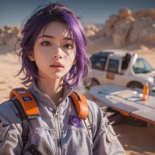 ((Vivid Photo Results & Detailed face)) (((Fabric Shading))), (((highest quality))), (((masterpiece))), (((Ultra-realistic photos))) Movie Scenes, Cinematic, Shooting dramatic shadows with backlighting, Full Body Profile, Cheeky Japanese Girl, Short spiky purple hair, His pale skin and faded, Dirty orange aviator jumpsuit., White Victoria'the secret of`Bra with lace, Shown inside the open zipper, Abdominal ring is visible, Sweaty body, Cool pose with helmet on,Dirty Face & Dusty clothes scattered across the vast desert, In front of an X-wing fighter, 8K High Resolution