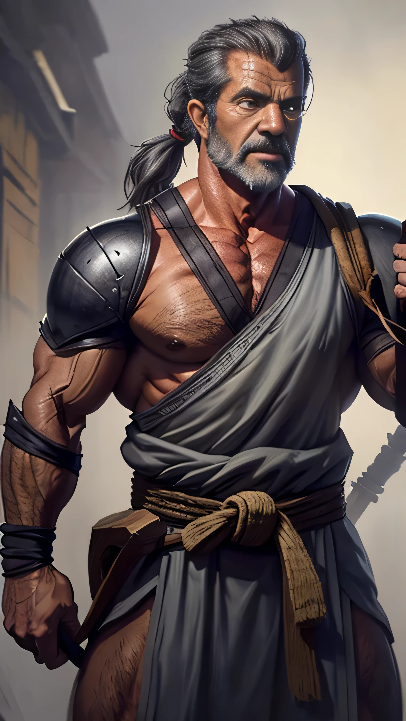 (Mel Gibson) as Shujinko from Mortal Kombat, white martial arts uniform, black belt, lush gray hair, ponytail, long thick gray beard, wooden staff, 1man, solo, full body view, front view, looking at viewer, intricate, high detail, sharp focus, dramatic, photorealistic painting art by greg rutkowski