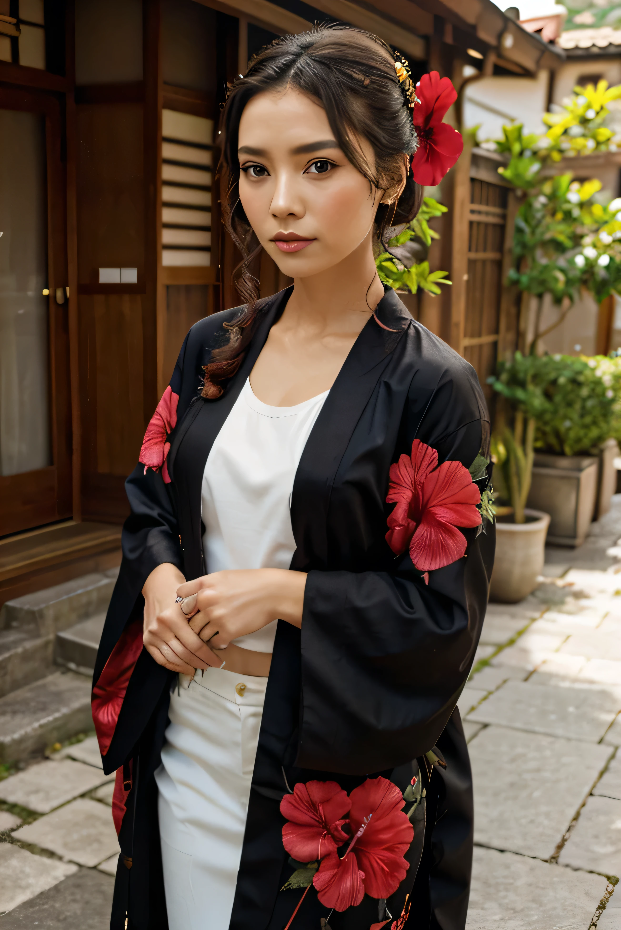 black kimono with hibiscus flowers on it 