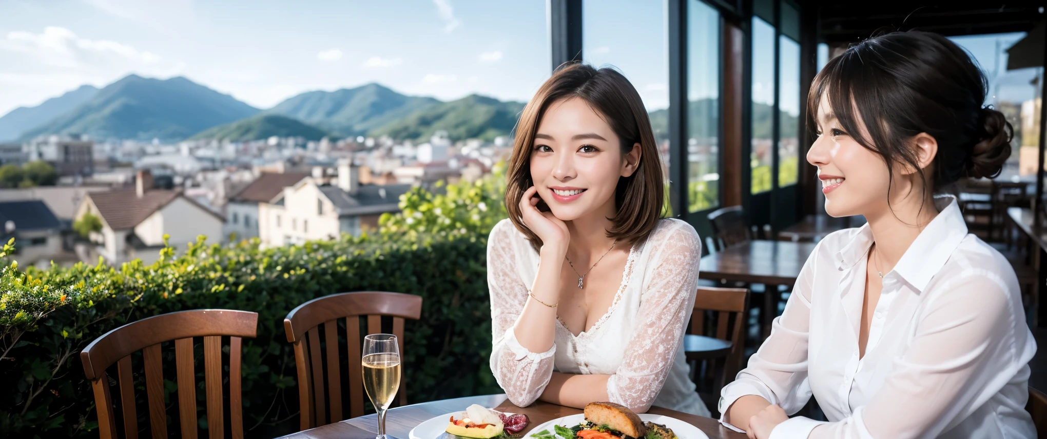 (highest quality、8k、masterpiece:1.3)、Beautiful woman with perfect figure:1.4、Dark brown hair、Wine Party 、2 people、Highly detailed face and skin、Fine grain、double eyelid、テーブルにwine glass、Facial lighting、 Amazing view of the sunset sky and clouds、Amazing mountain views、ニコニコ明るいsmile、smileの素敵な女性、Bright image、 Beautiful Face, short hair, (Age 35), 39 years old, Lady、red wine 、Appetizers、Italian food、wine bottle、Champagne、sparkling wine、Two beauties、Brown Hair、Shortcuts、Long sleeve shirt、dress、Pretty Woman 1, (slimな顔), (The body is slim), (Brown Hair), (Shortcuts), cheeks turn a little red,Attractive beauty、restaurant, In a prominent place (From the waist up) Nova Frog Style, actress, model, Upper Body, White wine, slim, wine glass, smile, (smile: 1.15), Beautiful fine grain, Depth f/2,saturation, High Contrast, Strong light and shadow,Moist Body:1.5、3D texture、Delicate eyes、Brown Hair、The hair is very shiny、