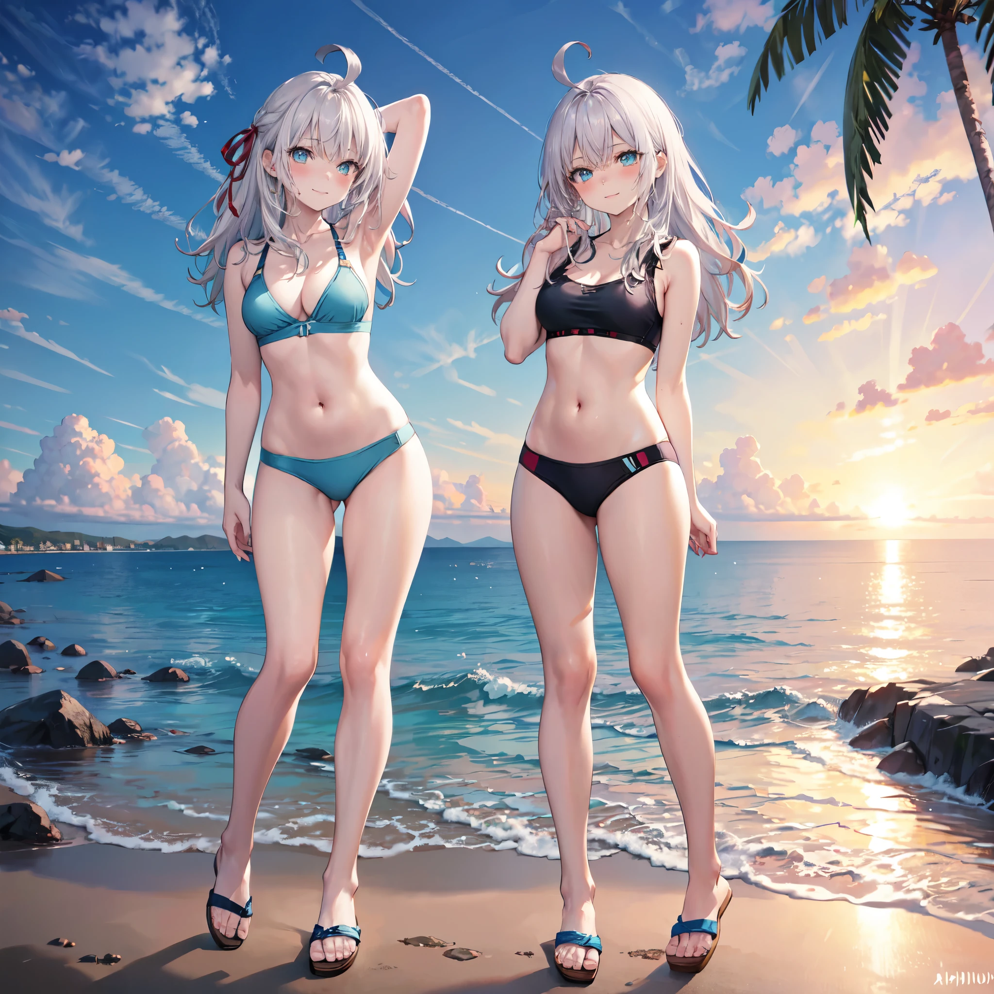 Random patterned swimsuit、Random patterned swimsuit,Swimsuit,Blushing、Medium semi-long hair、Silver Hair、pale blue eyes 、Head to toe full body、Blushing、Embarrassed look、Composition from the front、A view from slightly below、school swimwear、Acme Face、Random pose、, 、nsfw、Highest quality、1 girl、solo、Ocean、Sandy Beach、Sexy pose、Random pose、Blushing、wet、Embarrassed、I can see half of my 、、One piece swimsuit、(Strap slip:1.3)、