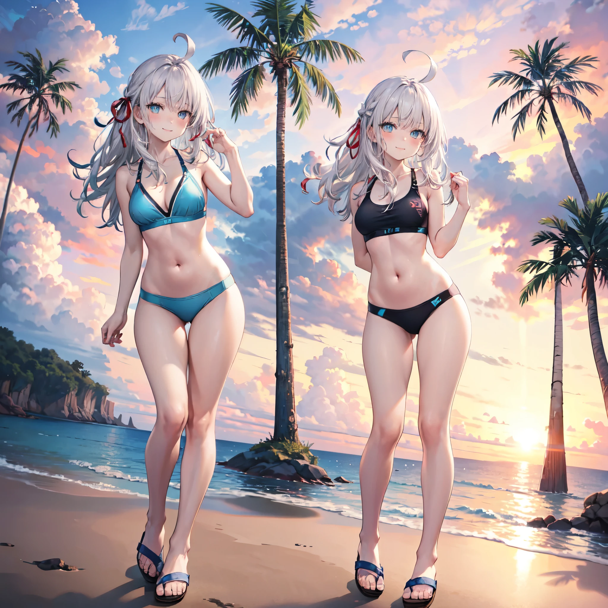 realistic image, detailed image, coherent image, 1 beautiful girl, she has very long hair, white hair, light blue eyes, smiling expression. She is wearing a swim bra, a thin swim thong, slippers, She has a curvy body, medium breasts and thick thighs, She is posing sensually, arching her back, you can see a beach in the background, palm trees and waves, sunset, twilight, Focus soft, full body view, Dramatic shadows, Volumetric lighting, natural lighting,Alisa Mikhailovna Kujou,ahoge,long hair,grey hair,hair intakes,hair ribbon