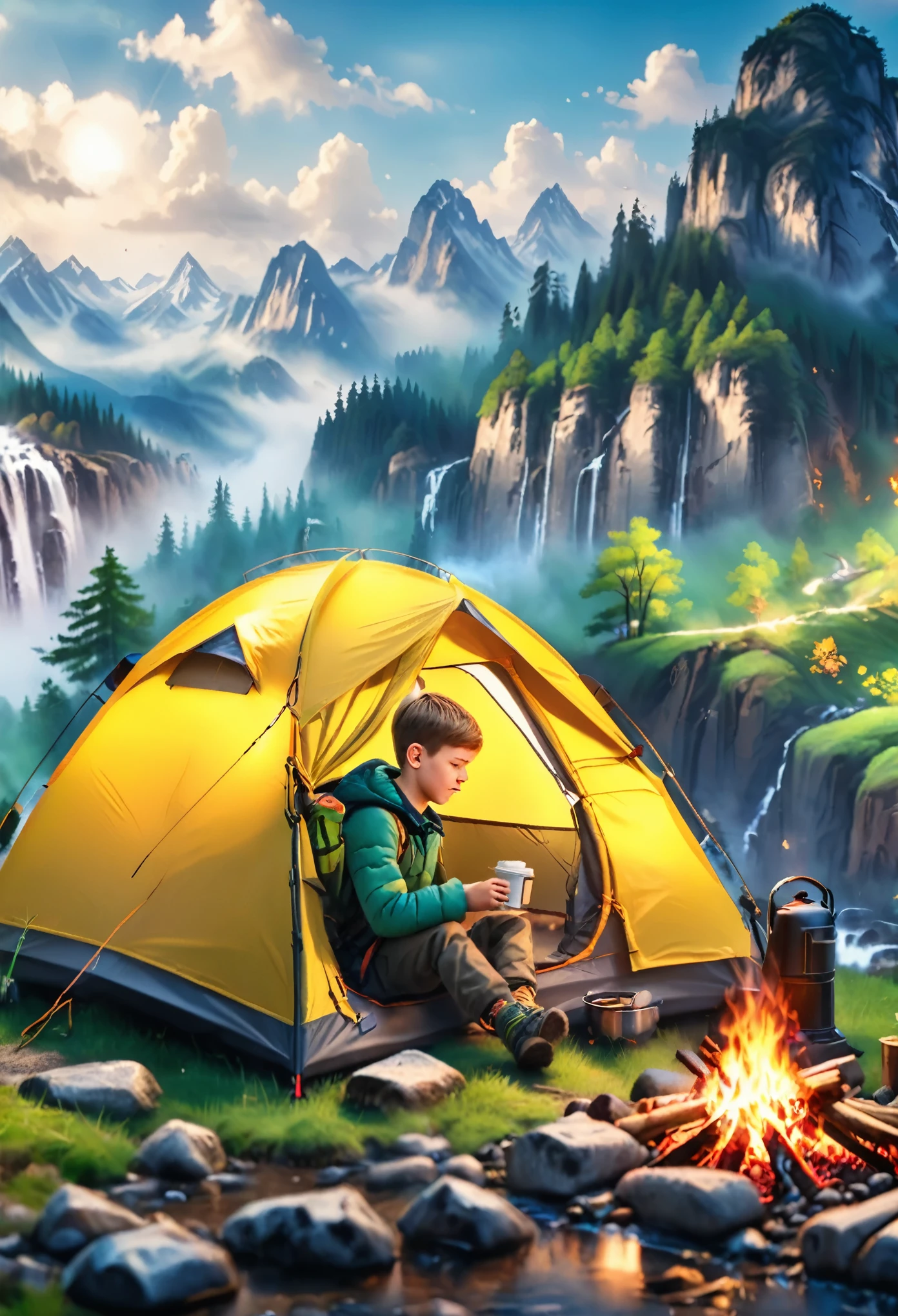 A boy camping in the wilderness, a tent, a campfire with firewood, drinking coffee, sitting near the fire, (best quality,4k,8k,highres,masterpiece:1.2),ultra-detailed,(realistic,photorealistic,photo-realistic:1.37),HDR,UHD,studio lighting,ultra-fine painting,sharp focus,physically-based rendering,extreme detail description,professional,vivid colors,bokeh,landscape