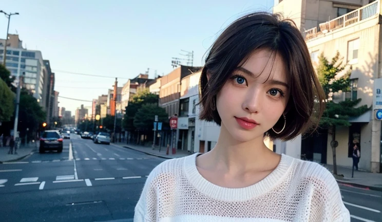(8k、Raw photo、highest quality、masterpiece:1.2)、(Realistic、Photorealistic:1.37)、One Girl、20-year-old、cute、Adorable、(blue eyes)、(A shy smile:0.4)、(solo)、Detailed face、Brown short hair、Hair on one eye、Cool clothes、Elevation、Tilt your head、Cityscape、Street Snap、Earrings、Japanese women