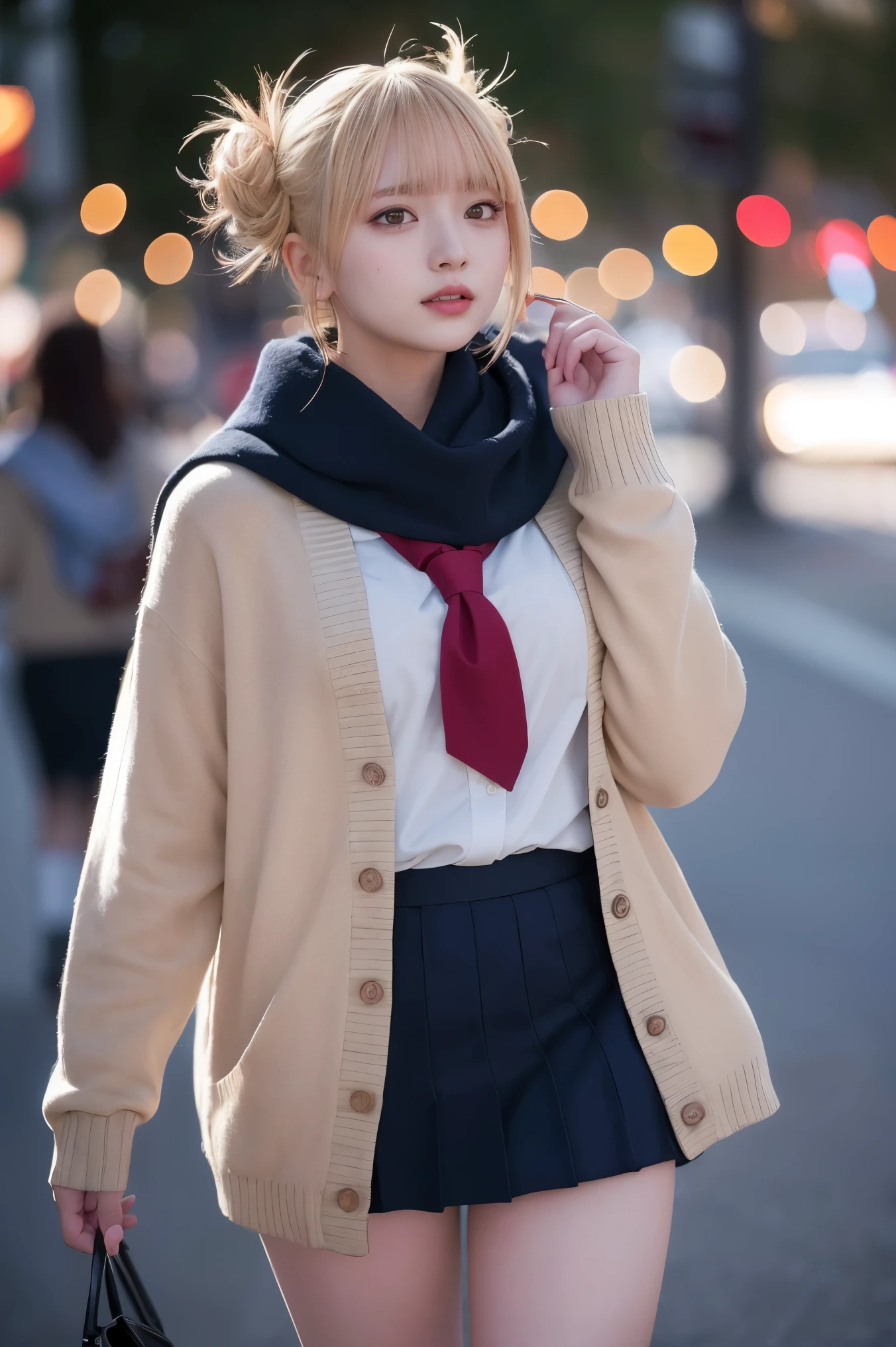 ((Blonde、Himiko Toga、White uniform shirt、Navy blue uniform skirt、cardigan、Red scarf、Dark eyeshadow、Dark eyeliner、Patsun、Twin tails、Bunhead、Thin eyebrows、Black socks、))、Browsing Caution、masterpiece、最high quality、high quality、grow、Beautiful poop、High resolution、非常にHigh resolution、RAW Photos、Best illustrations、hyper Realistic、One girl、Realistic、Ultra-detailed、Photorealistic、Unbelievably absurd、Close-up、Floating Hair、Soft Light、Cinema Lighting、Film Grain、Full Body Lesbian、Depth of written boundary、Blurred Background、ボケ Depth of written boundary:1.4、Eyes focus、85mm lens、Professional Lighting、Lens flare、Luminous Particles:0.6、Professional Writing、Portrait:0.6、Photon Mapping、Radio City、Physically Based Rendering、Japanese girl、sexual excitement:1.5、A vivid face、Realistic body、Realistic Skin、Big Breasts:1.3、Stylish、Camel Toe、Fair skin:1.1、cute:1.5